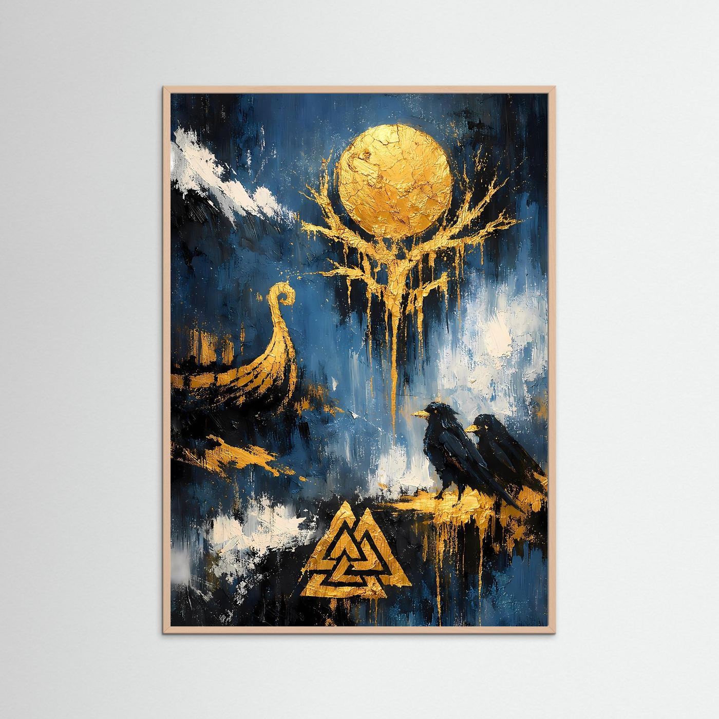 Kunstposter ohne sichtbaren Rahmen, abstrakt blau mit goldener Sonne, Baum und schwarzem Rabenmotiv