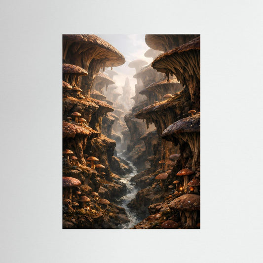 Fantasy-Poster mit Pilzfelsen-Tal und schmalem Flusslauf, warmes Braun, Hochformat