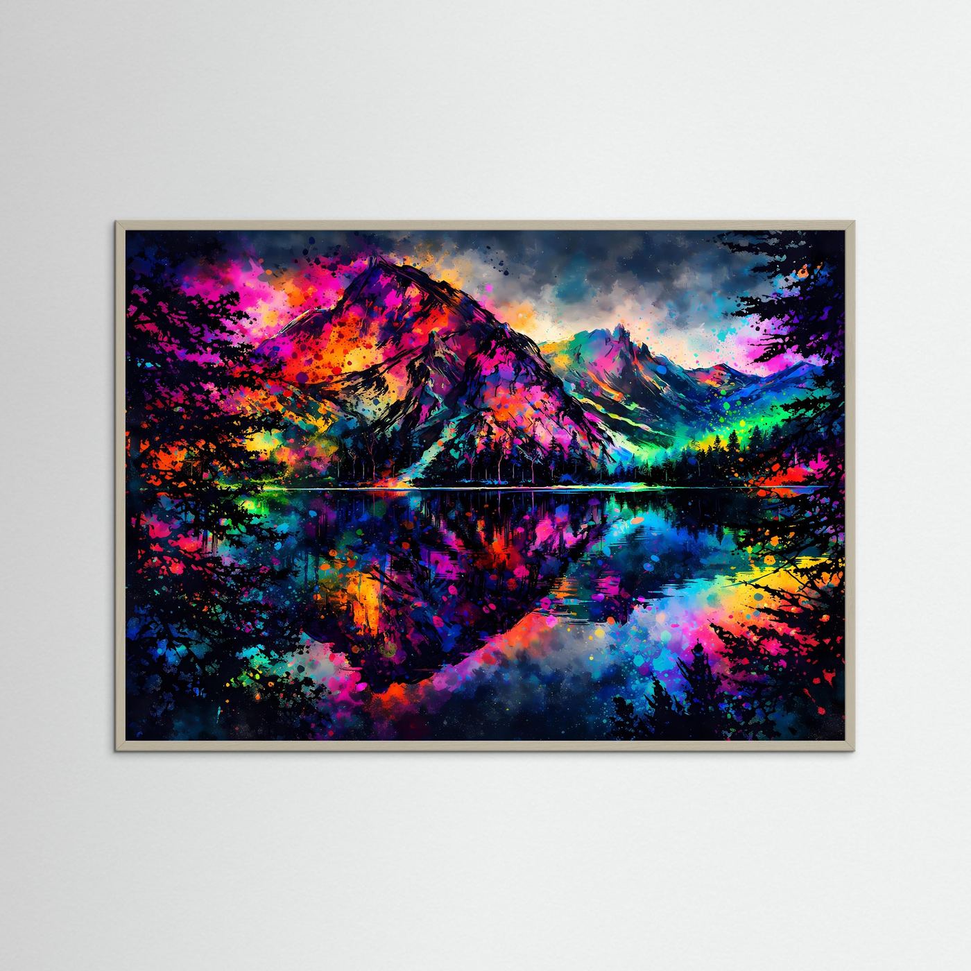 Neonfarbenes Alpen-Poster im Querformat mit Spiegelbild, im Holzrahmen.