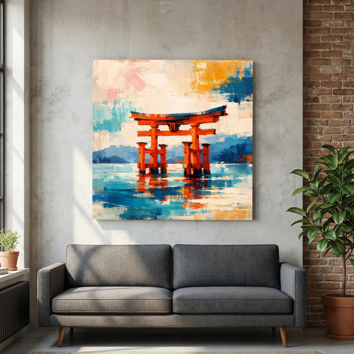Abstraktes Leinwandbild: orange Torii-Tor über blauem Wasser, Pinselstruktur und Farbflecken