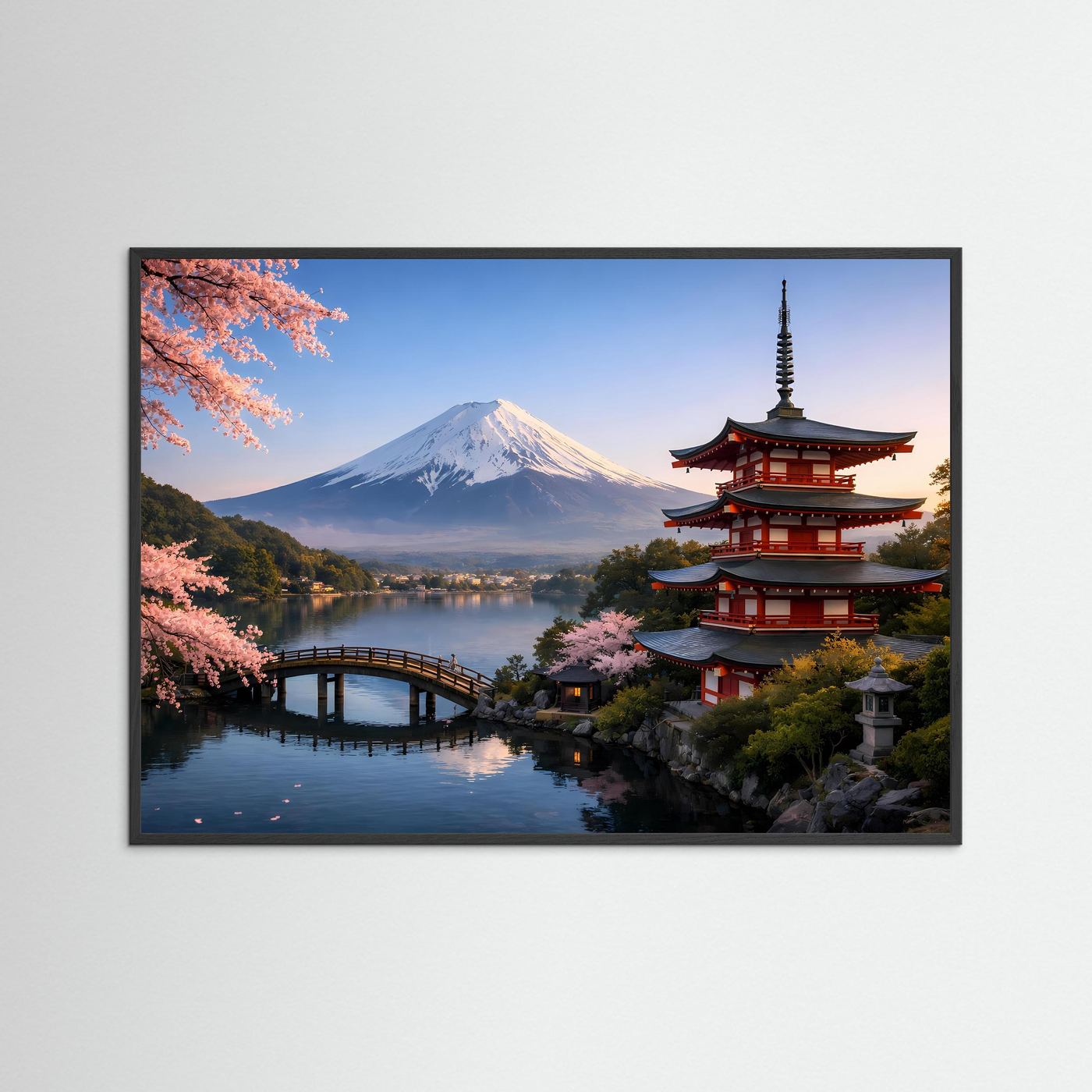 Naturposter Querformat mit schwarzem Rahmen: Kirschblüten, Pagode und Fuji-Berg am See