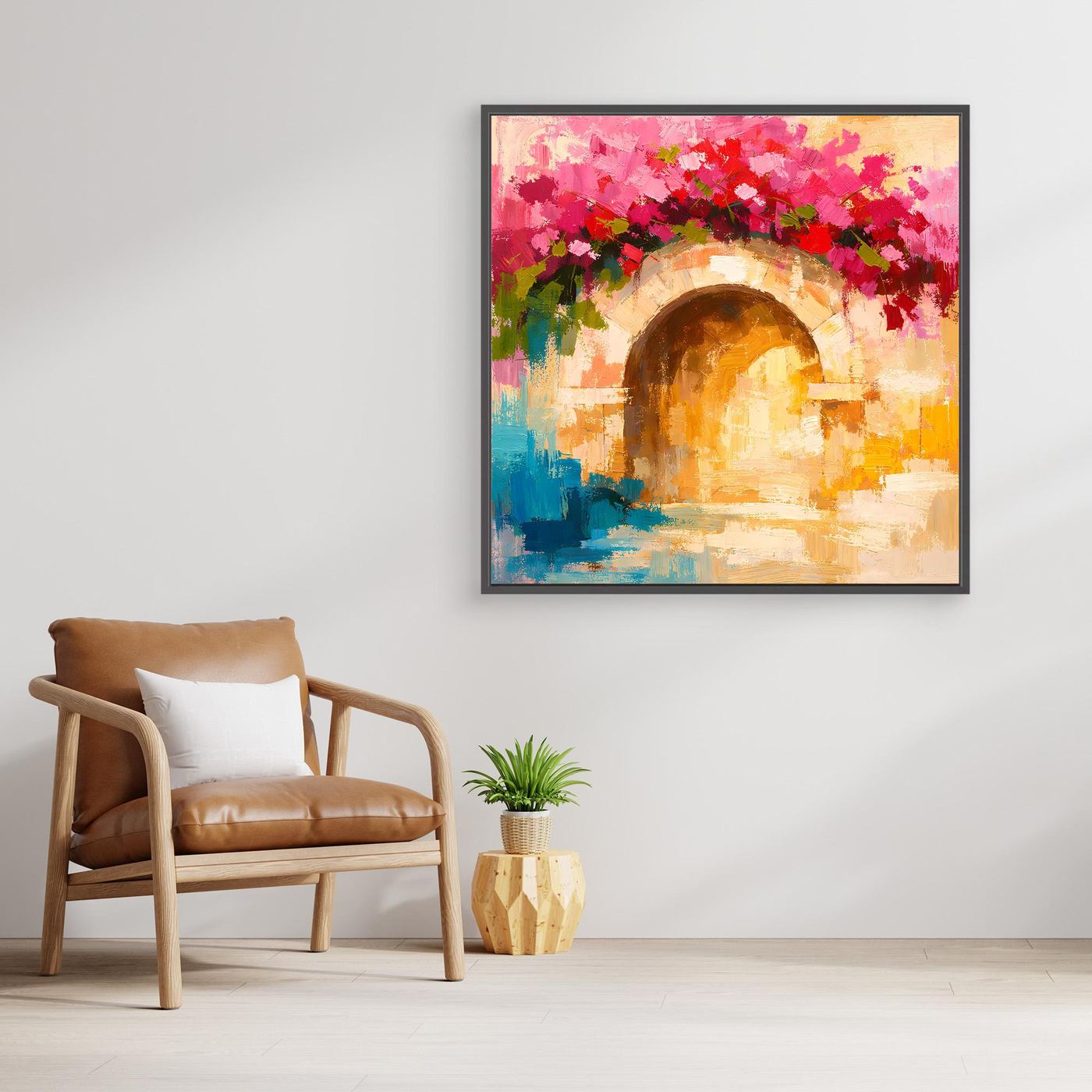 Leinwand Abstrakter Torbogen mit Bougainvillea | Modernes Mediterranes Wandbild Italien