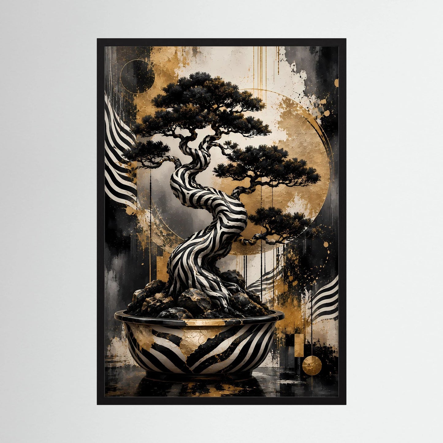 Zebra Bonsai | Abstrakter Baum in Schwarz Weiß Gold | Poster Hochformat