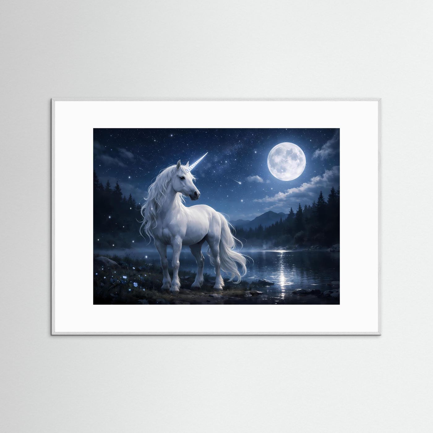 Einhorn-Poster im Mondschein, querformatig, mit grauem Rahmen