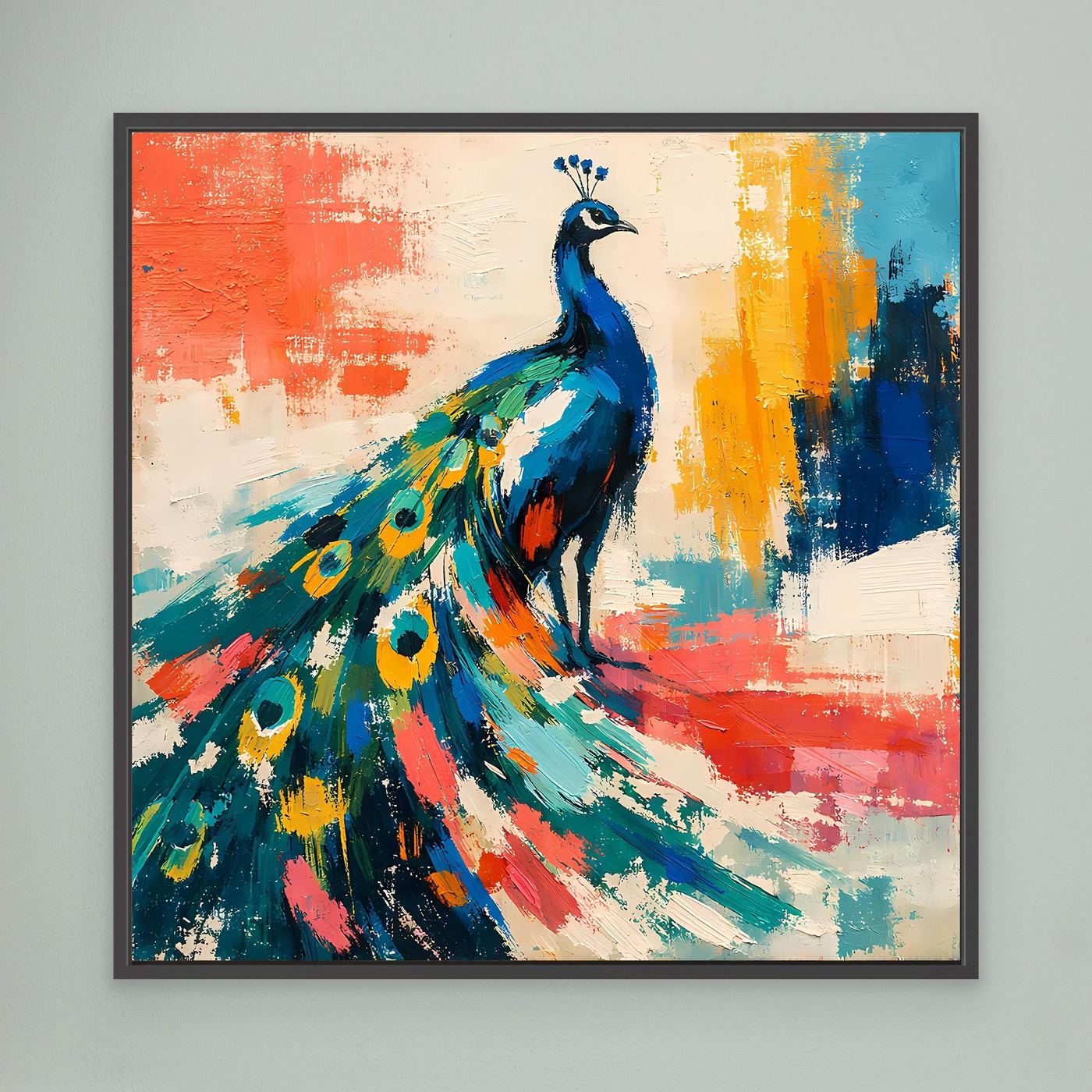 Canvas abstract peacock wall art with multicolor feathers and black frame