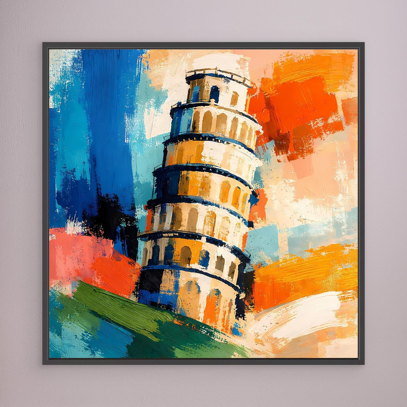 Framed abstract tower painting with black frame and multicolor brushstrokes