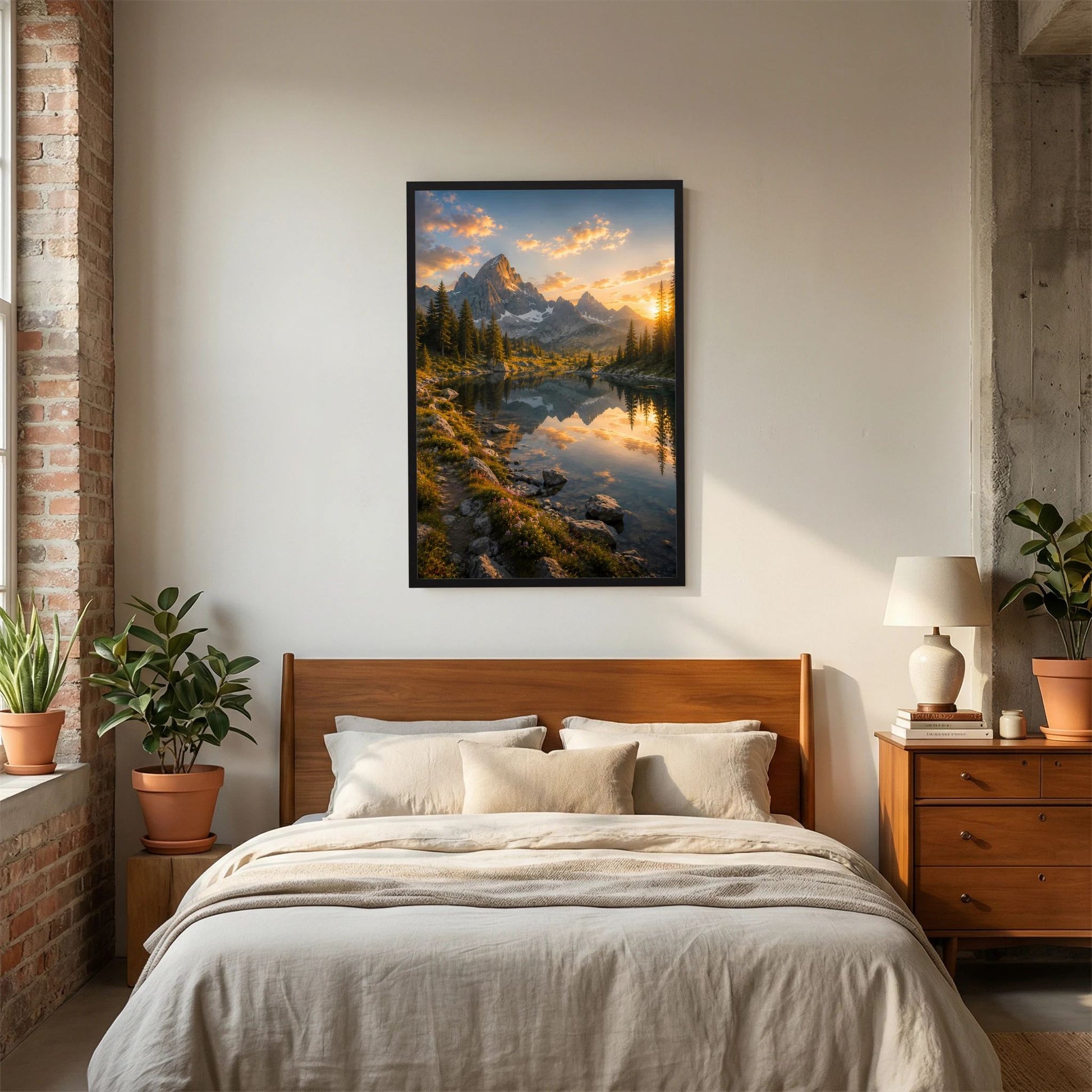 Bergsee bei Sonnenuntergang | Alpenpanorama mit Wasserspiegelung | Poster Hochformat