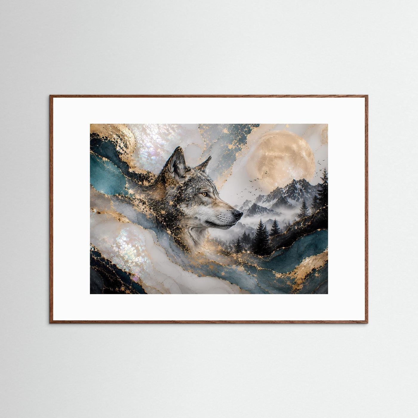 Wolfposter im Querformat mit braunem Holzrahmen und Wolf im Mondlicht