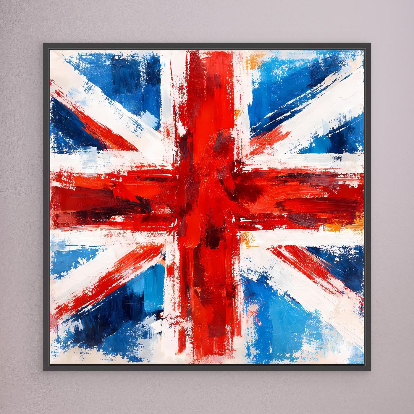 Abstract Union Jack canvas wall art with black frame, bright red center and blue outer strokes