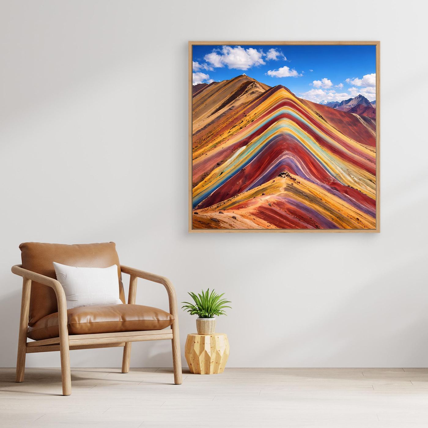 Gerahmtes Leinwandbild mit abstrakter Berglandschaft in Blau-, Orange- und Rottönen