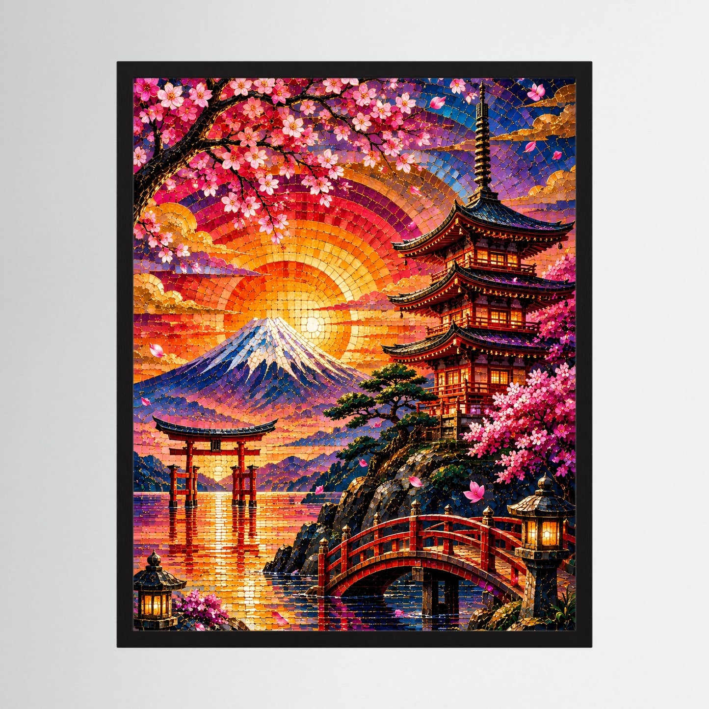Hochformatiges Poster mit schwarzem Rahmen: Mosaikmotiv von Fuji und Pagode