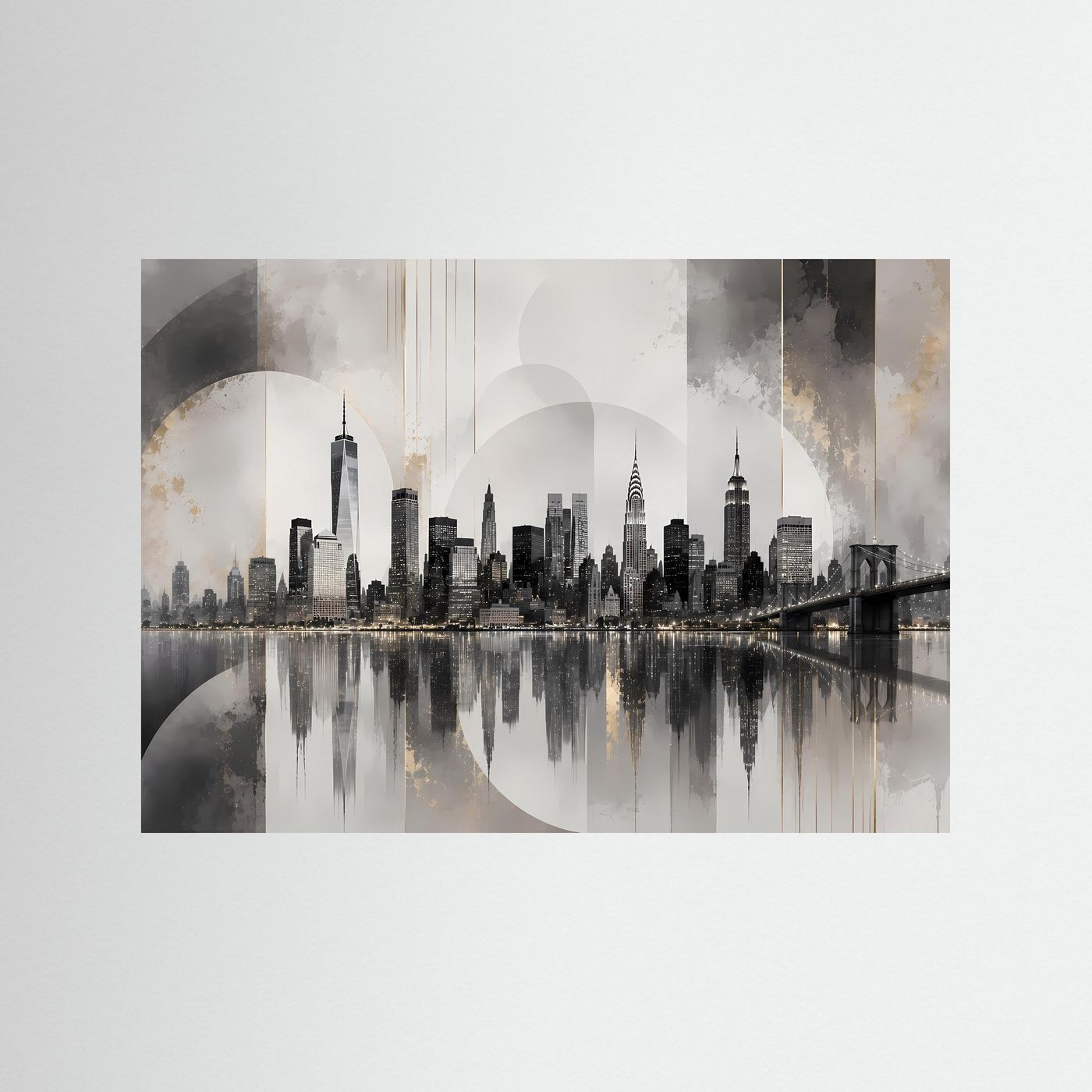 Querformatiges Skyline-Poster mit Brückenmotiv in Grau, Schwarz und Creme