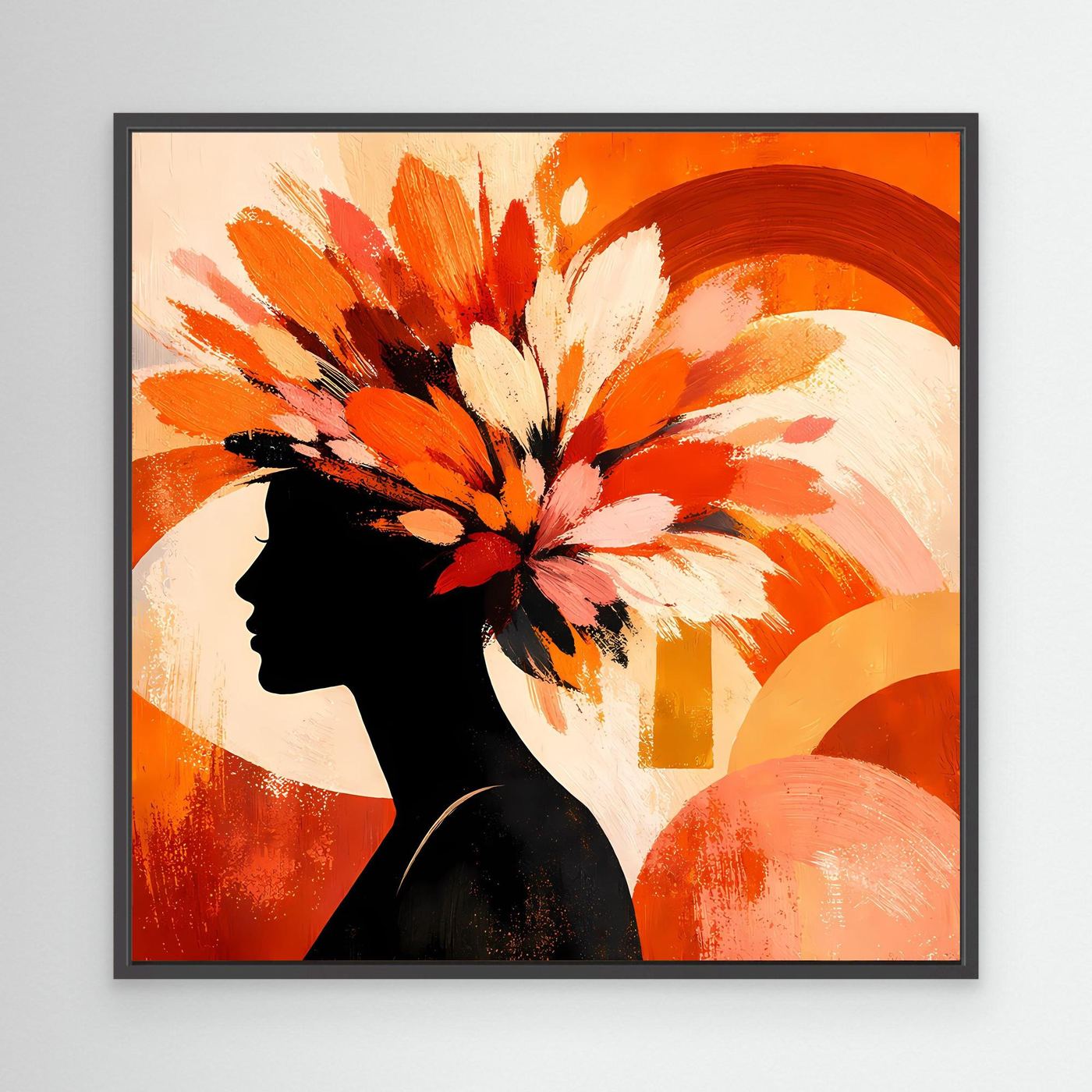 Leinwandbild mit schwarzer Frauensilhouette und Blumen, schwarzer Rahmen
