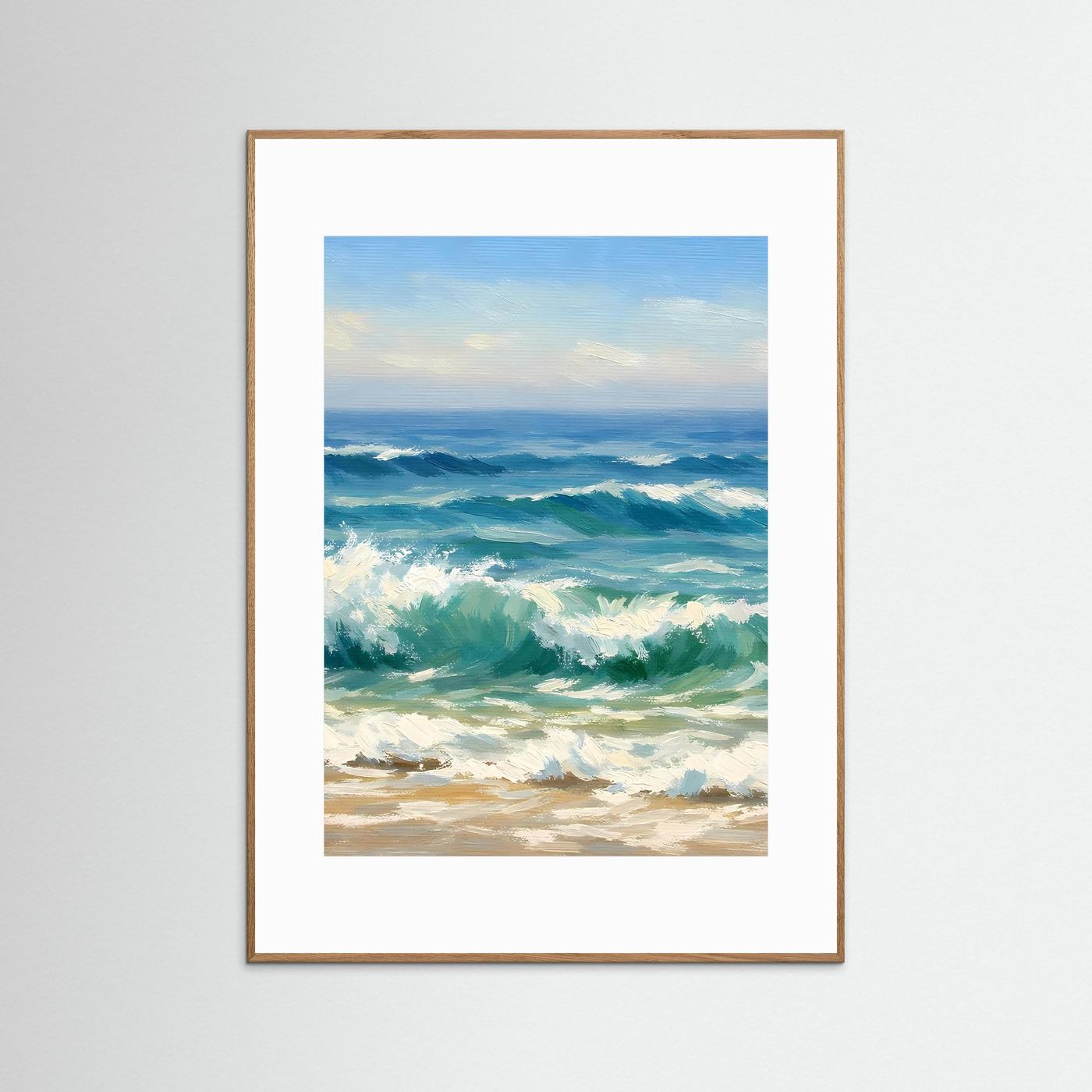 Wandbild mit Meereswellen am Strand, blau-grün, im dunkelbraunen Holzrahmen