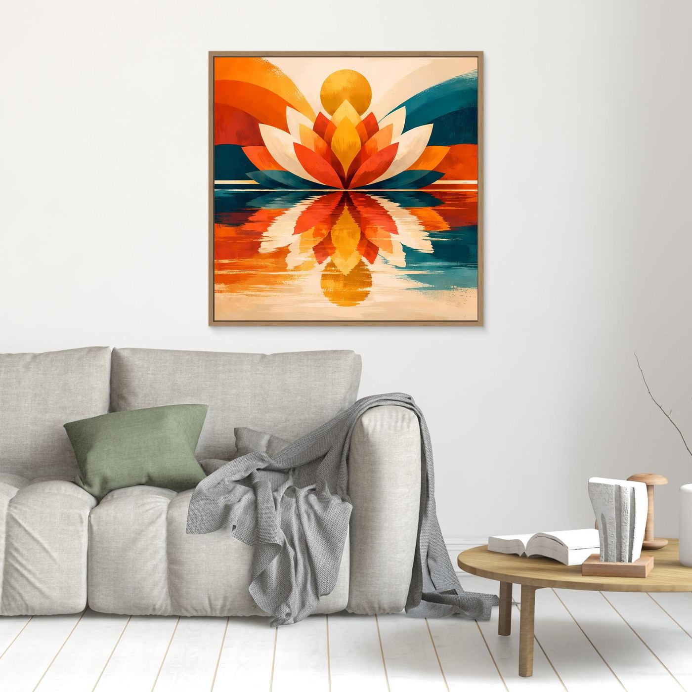 Quadratisches Leinwandbild mit symmetrischem Lotus in Orange, Gelb und Türkis, braun gerahmt