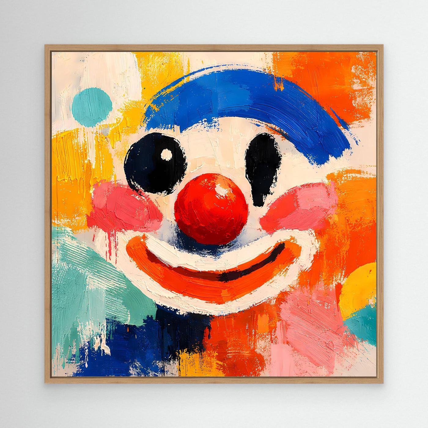 Leinwand-Wandbild mit Clown-Gesicht in Blau, Rot und Gelb, schwarzer Hut, mit braunem Rahmen