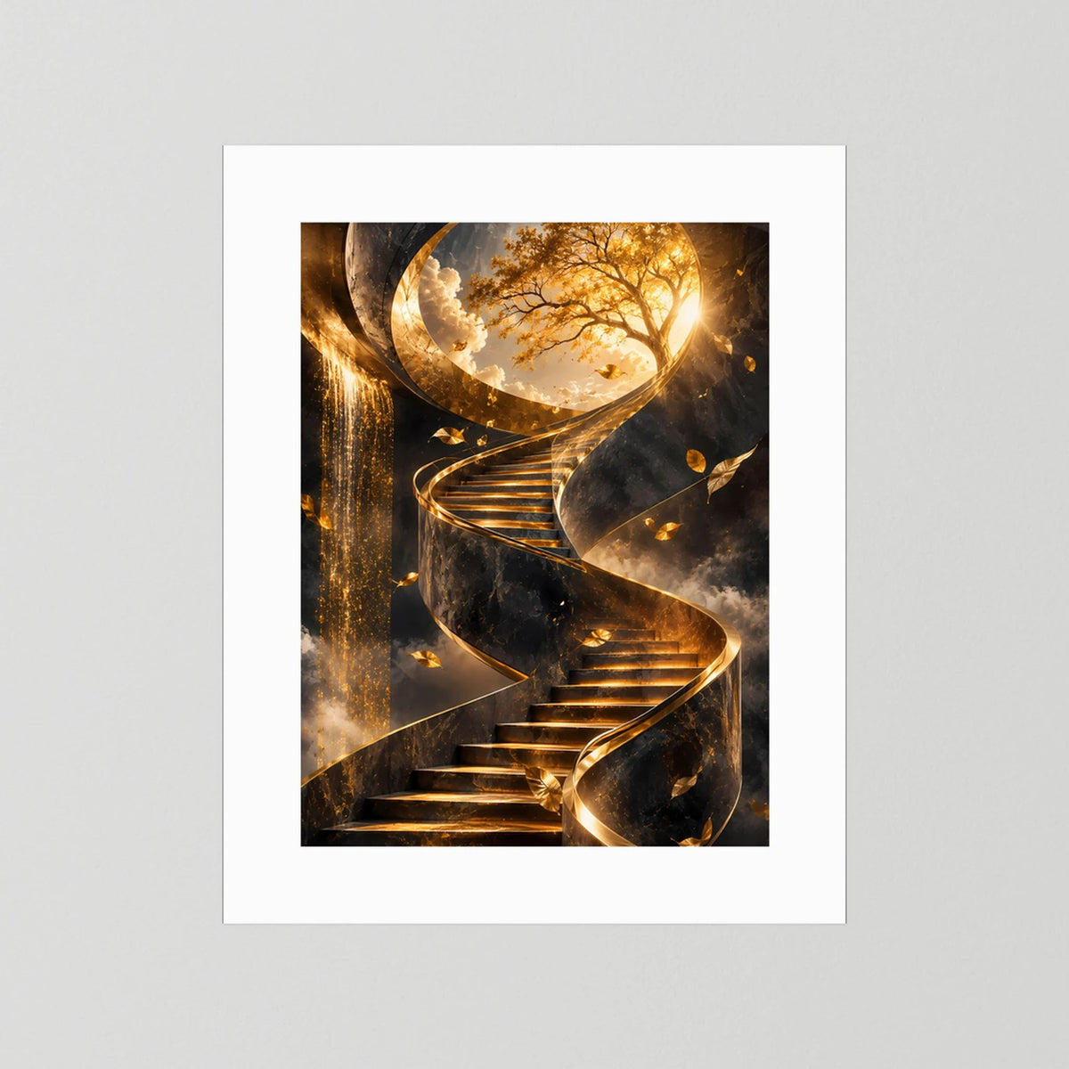 Hochformatiges Kunstposter mit weißem Passepartout und goldener Wendeltreppe