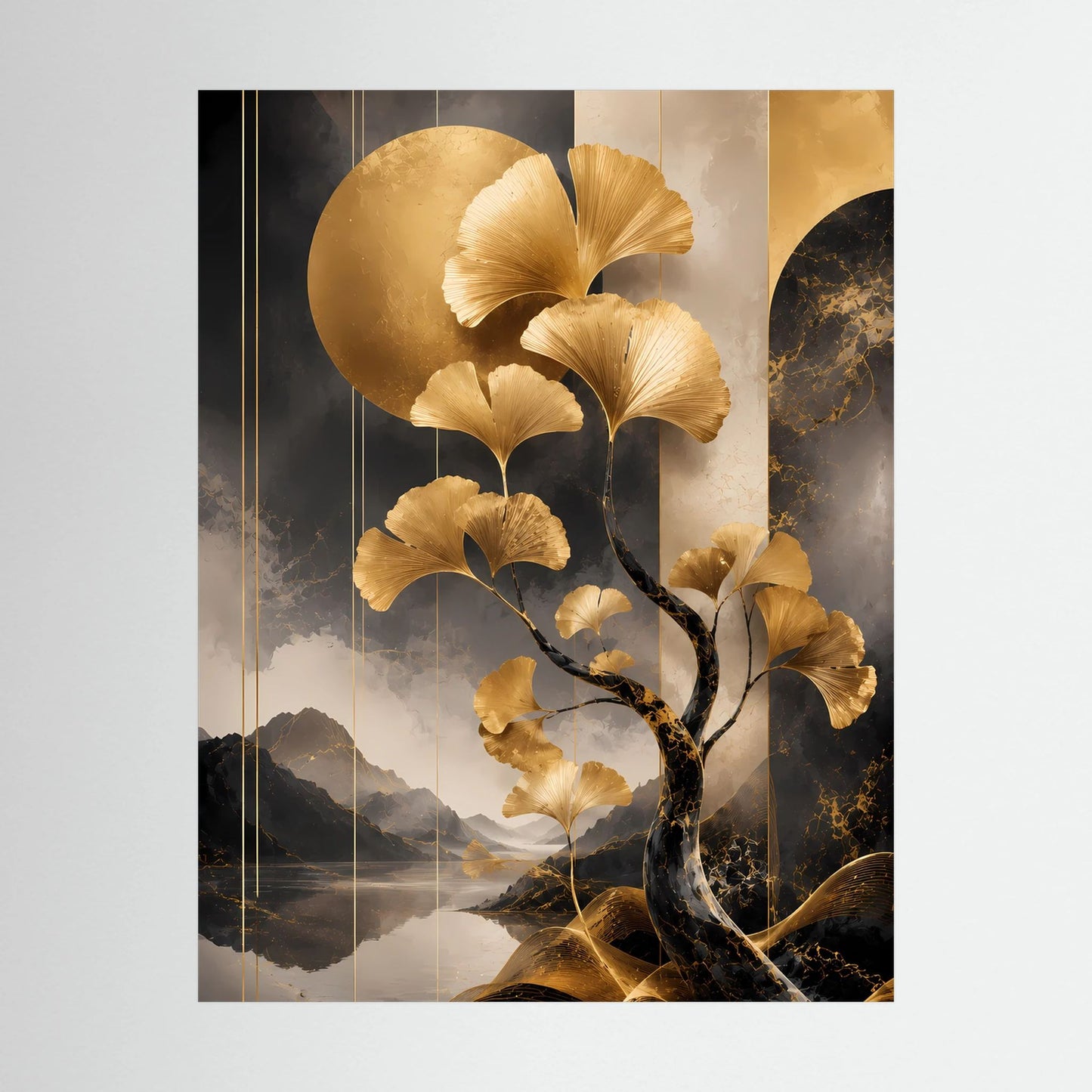 Nahansicht-Poster: goldener Ginkgobaum mit großen Blättern, Bergsee-Landschaft, schwarzer Rand