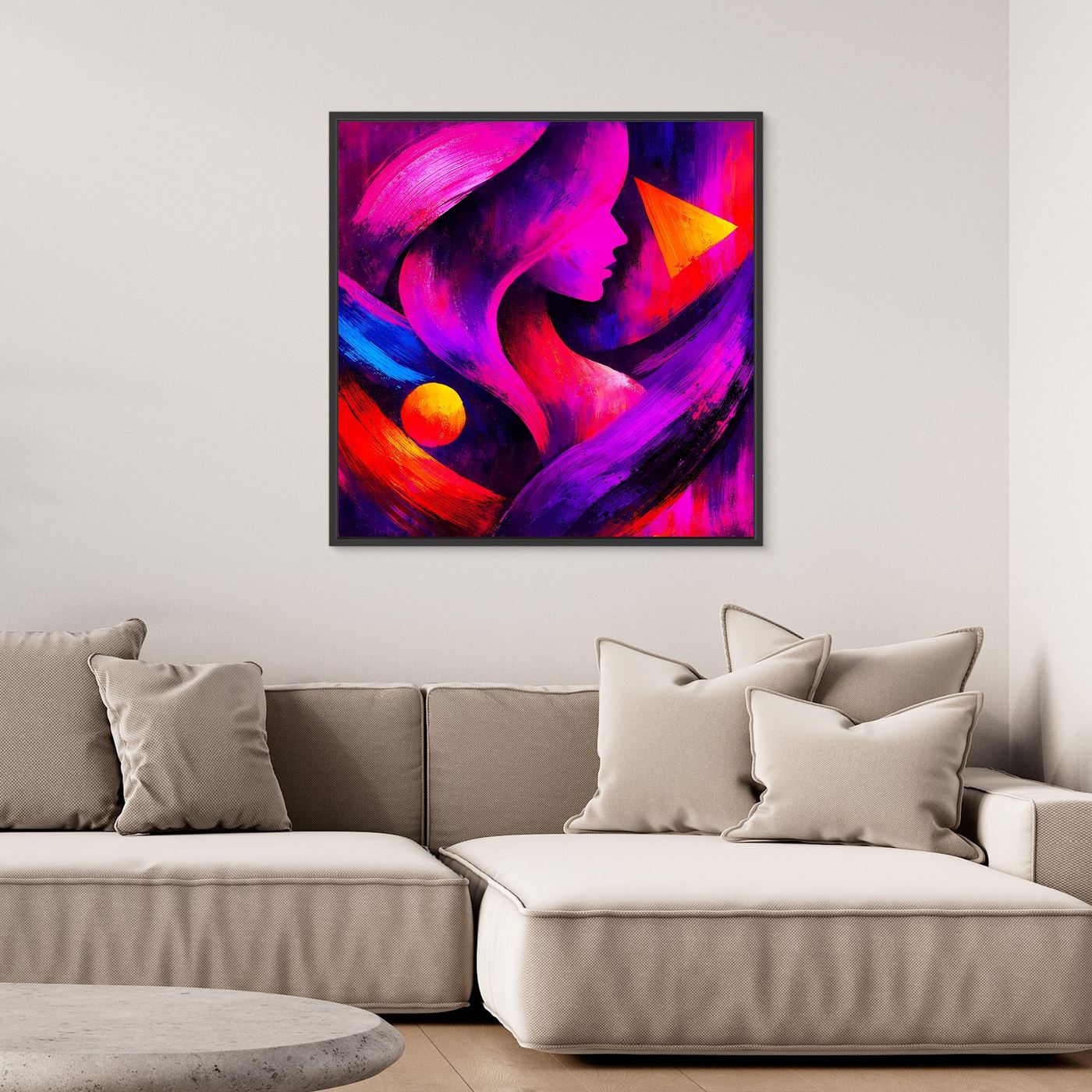 Gerahmtes Leinwandbild mit Frauensilhouette, gemalt in Neon-Pink, Lila, Blau und Orange.