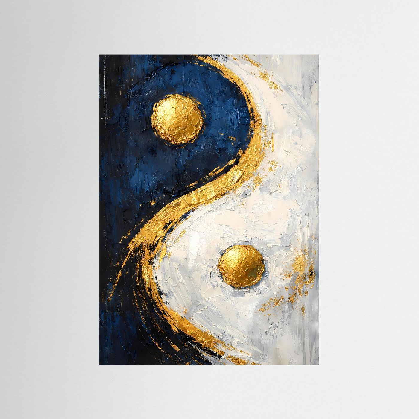 Yin-Yang-Kunstposter, abstrakte Goldkreise auf Blau und Weiß, hochformat