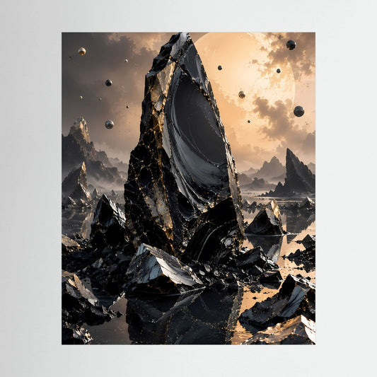 Hochformatposter mit schwarzem Obsidian-Monolith, goldenen Akzenten und schroffen Felsfragmenten
