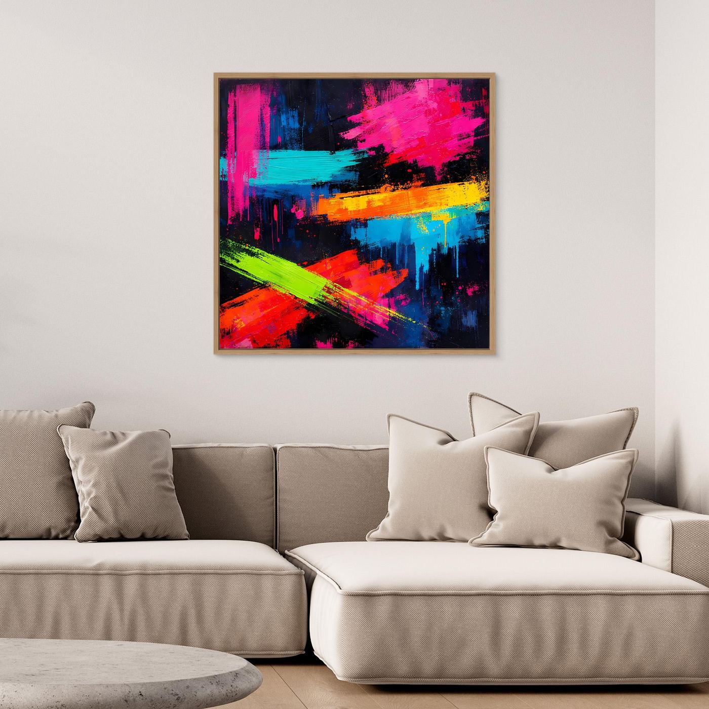 Abstraktes Leinwand-Wandbild mit Neon-Farbstrichen in Pink, Blau, Grün und Gelb im schwarzen Rahmen