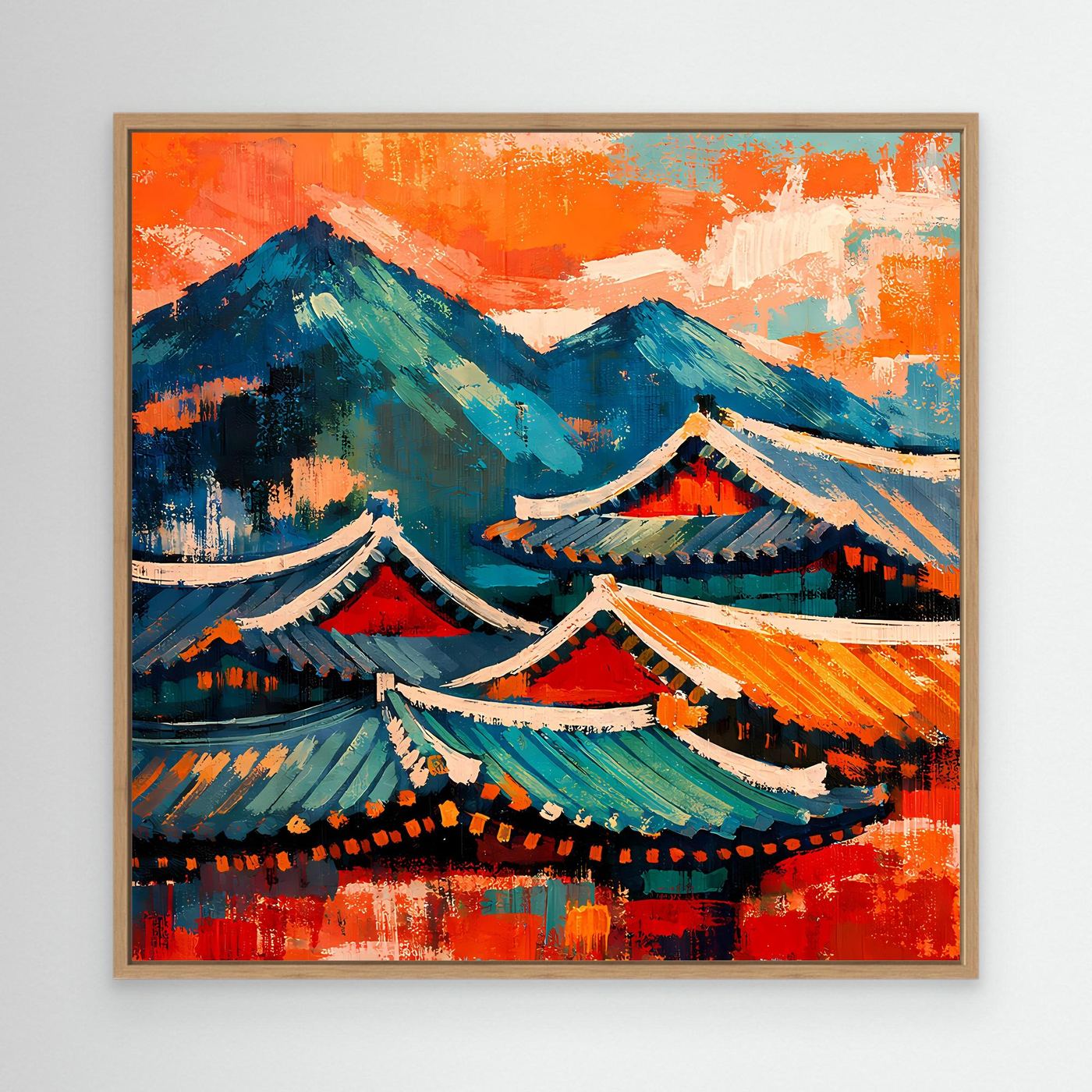 Leinwand-Wandbild mit abstrakten asiatischen Dächern und Bergen, heller Holzrahmen