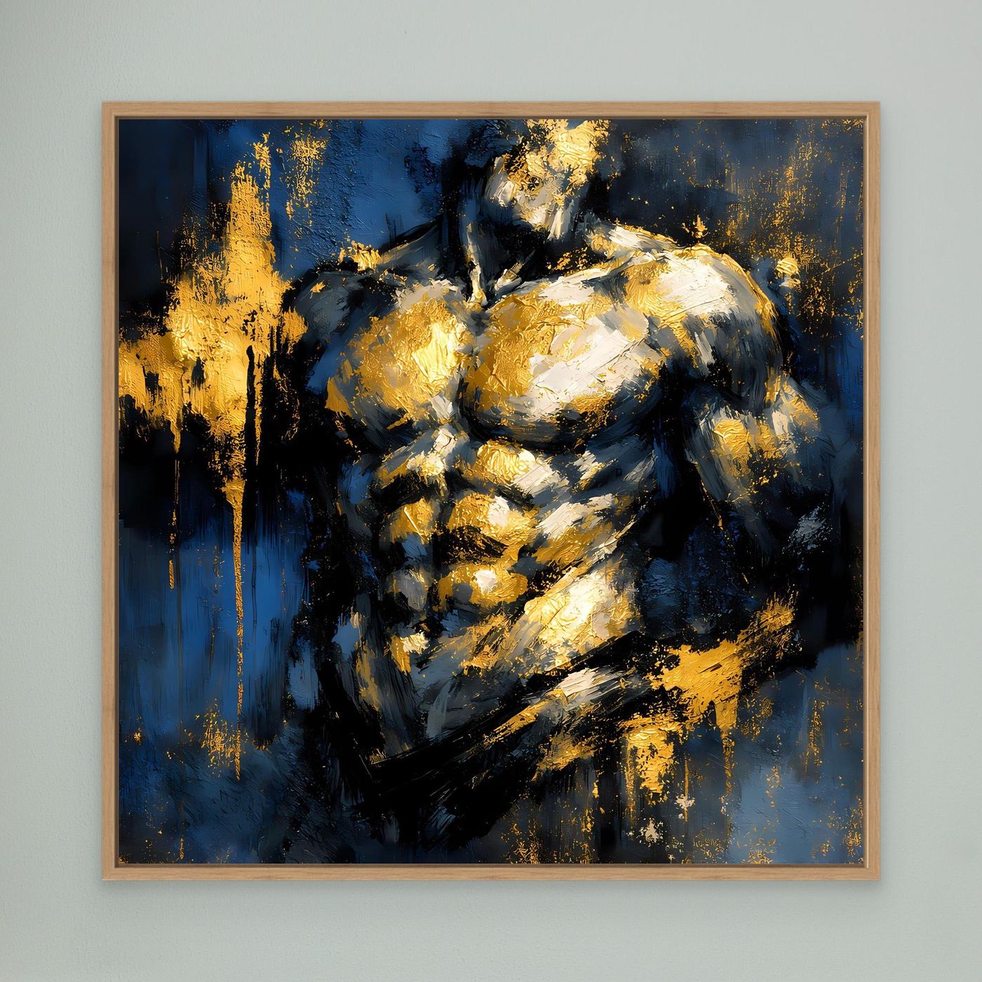 Leinwand Kraftvoller Männlicher Torso in Gold und Blau | Abstraktes Bodybuilding Wandbild