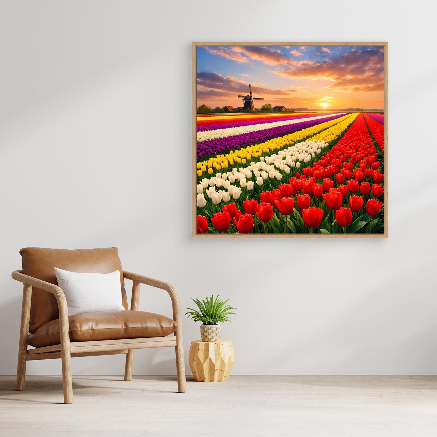 Leinwandbild Tulpenfeld mit Sonnenuntergang, Holzrahmen, Vordergrund mit roten Tulpen