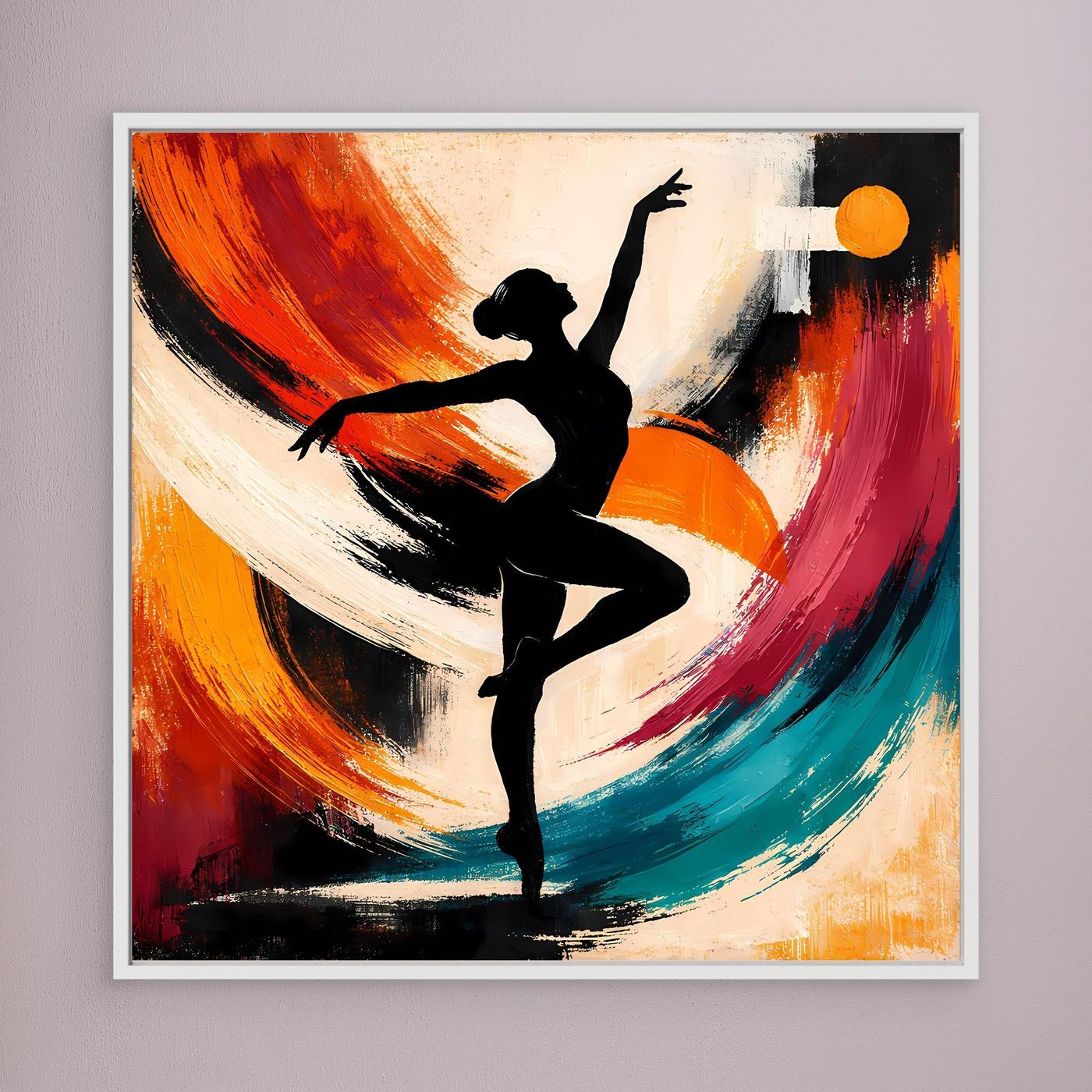 Abstraktes Leinwandbild mit schwarzer Ballerina und bunten Pinselstrichen, weißer Rahmen