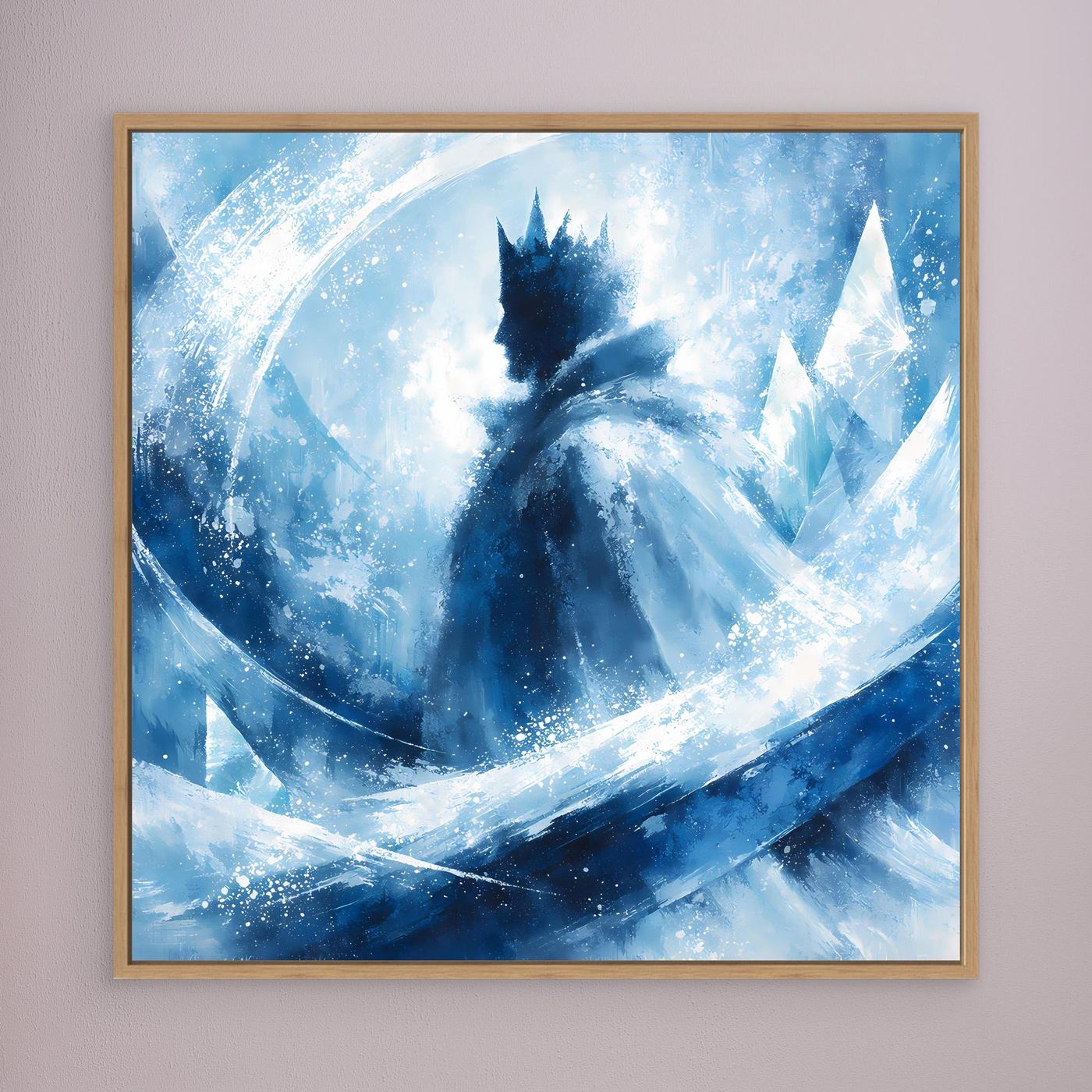 Leinwandbild mit abstraktem Wintermotiv in Blau, Silhouette mit Krone, Holzrahmen