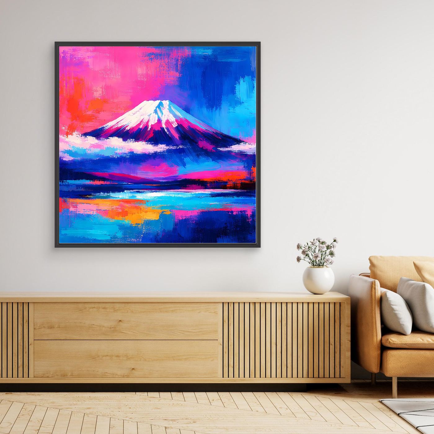 Leinwandbild Abstrakter Fuji bei Sonnenuntergang | Farbenfrohes Berg Wandbild auf echtem Holzkeilrahmen
