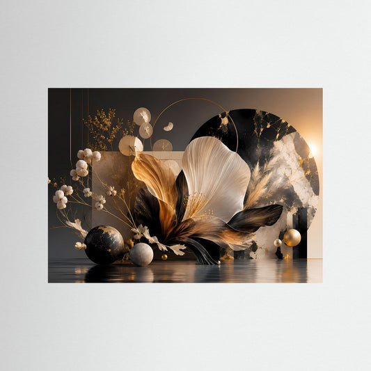 Abstraktes Blumenposter: weiße und goldfarbene Blüten auf schwarzem Hintergrund, ohne Rahmen