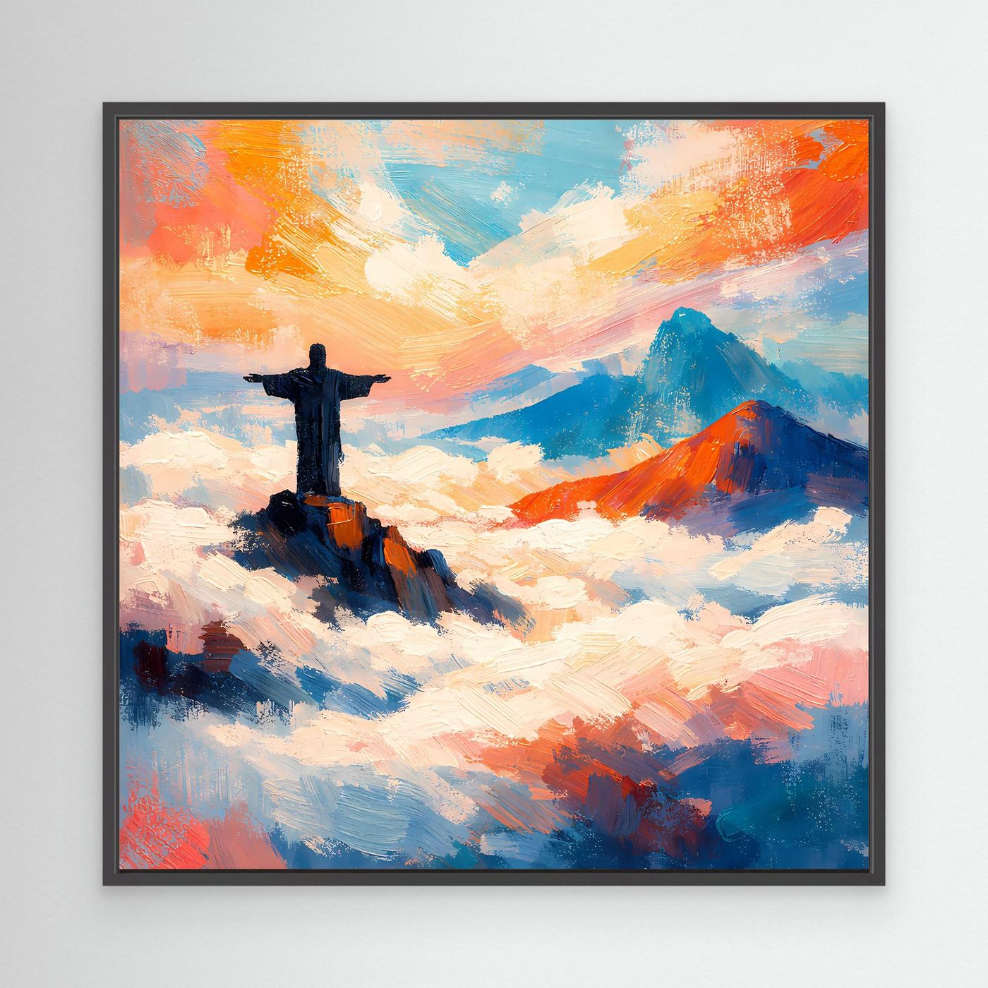 Leinwand-Wandbild mit Kreuzfigur über Wolken und Bergen, blau-bunt, mit schwarzem Rahmen