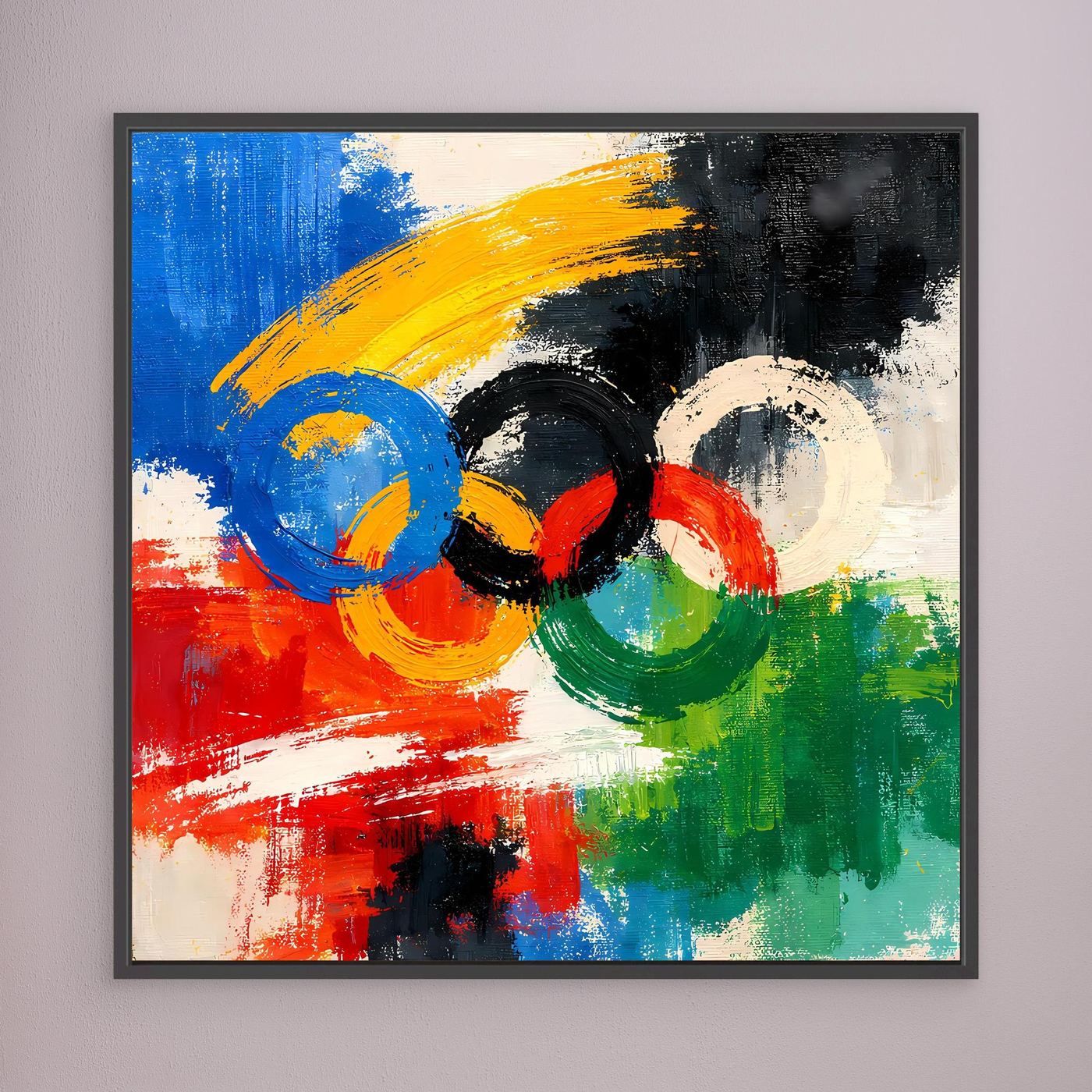 Abstraktes Leinwandbild mit olympischen Ringen, mehrfarbig, schwarzer Rahmen