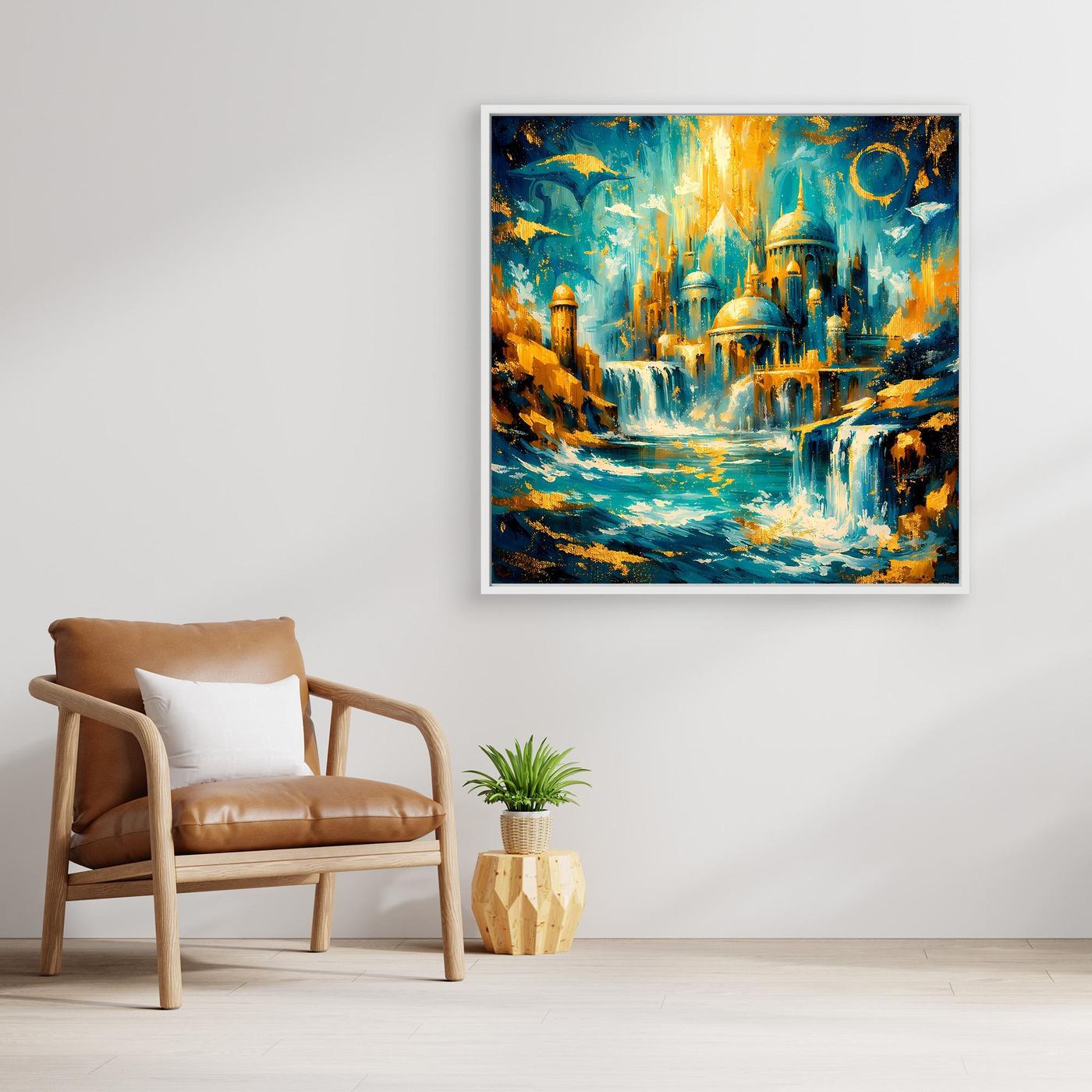 Quadratisches Leinwandbild mit Holzrahmen: Palaststadt am Wasser, türkisfarbene Highlights, gold