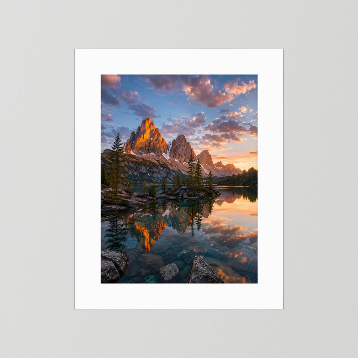 Bergsee im Sonnenuntergang | Leuchtende Berglandschaft mit Spiegelung | Poster Hochformat
