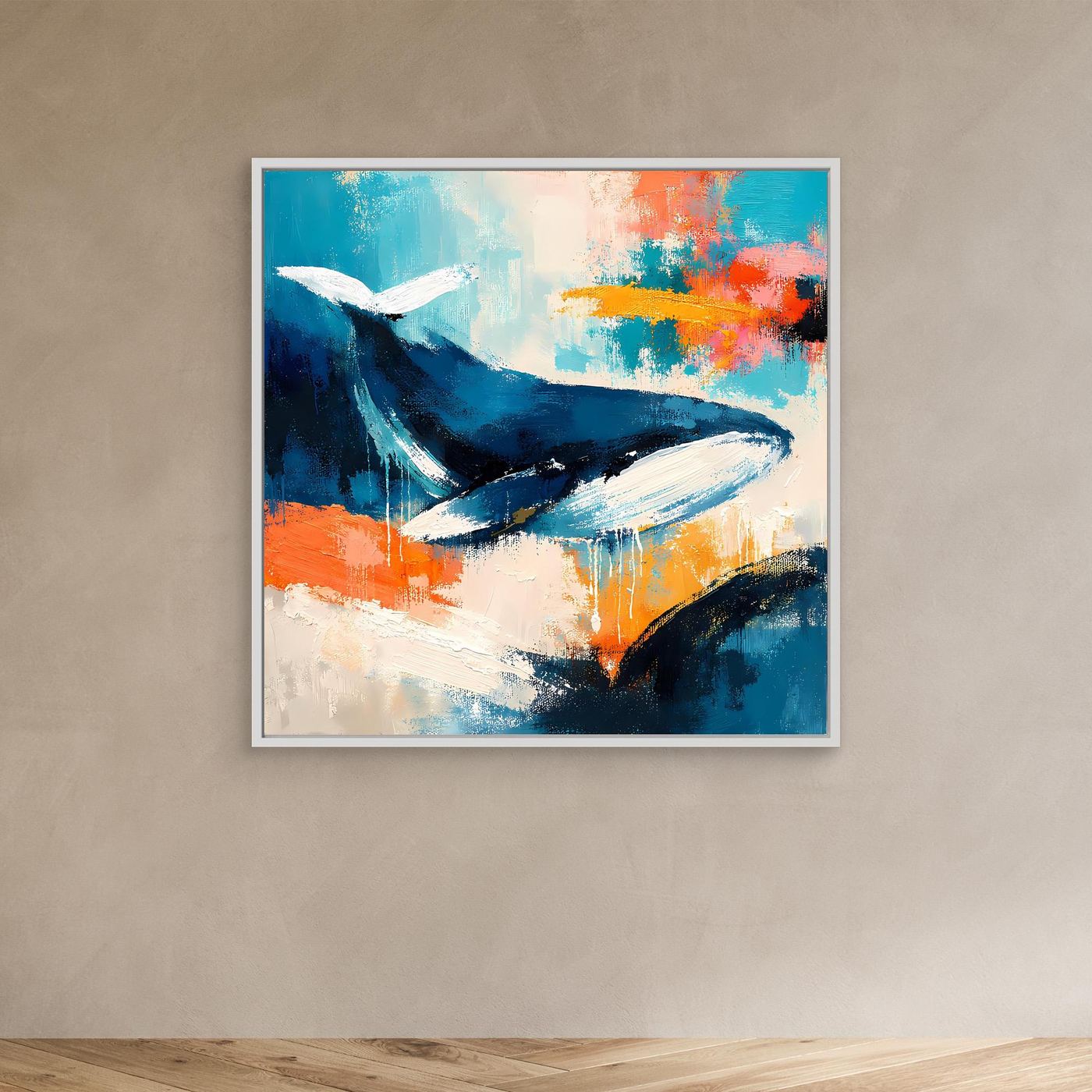 Leinwand-Wandbild mit abstraktem Wal in Blau, Türkis und Orange, mit weißem Rand