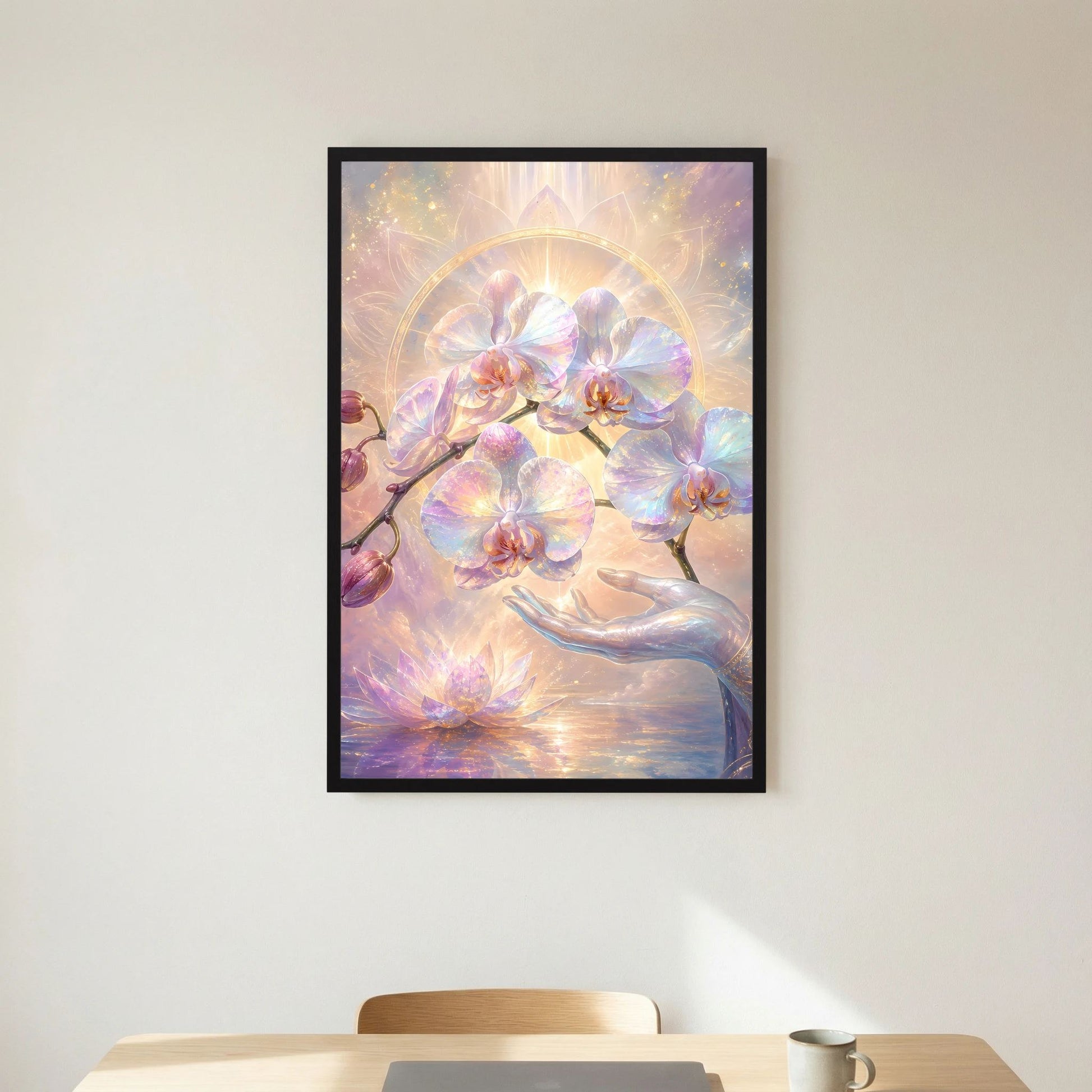 Hochformatiges Kunstposter mit Orchideen- und Lotusmotiv, Perlmutt-Pastell, schwarzer Rahmen