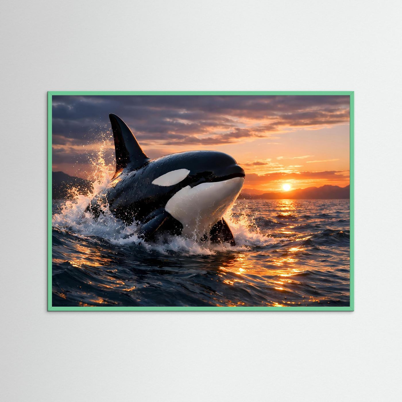 Poster im Querformat mit springendem Orca, türkisfarbigem Rahmen, weißem Fleck und Wasserfontäne.