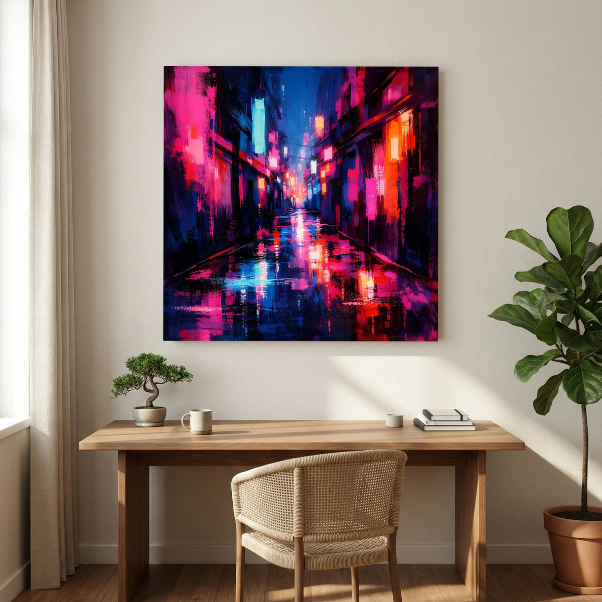 Neon-Wandbild Cyberpunk-Gasse im Regen, magenta-blau-orange, schwarzer Rahmen