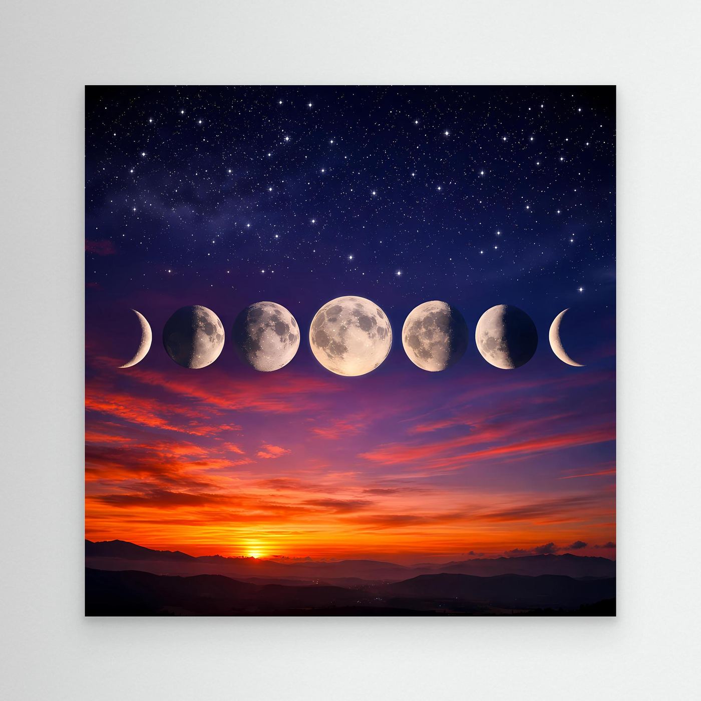 Leinwandbild mit Sternenhimmel und Mondphasen, Abendsonnenaufgang im Querformat