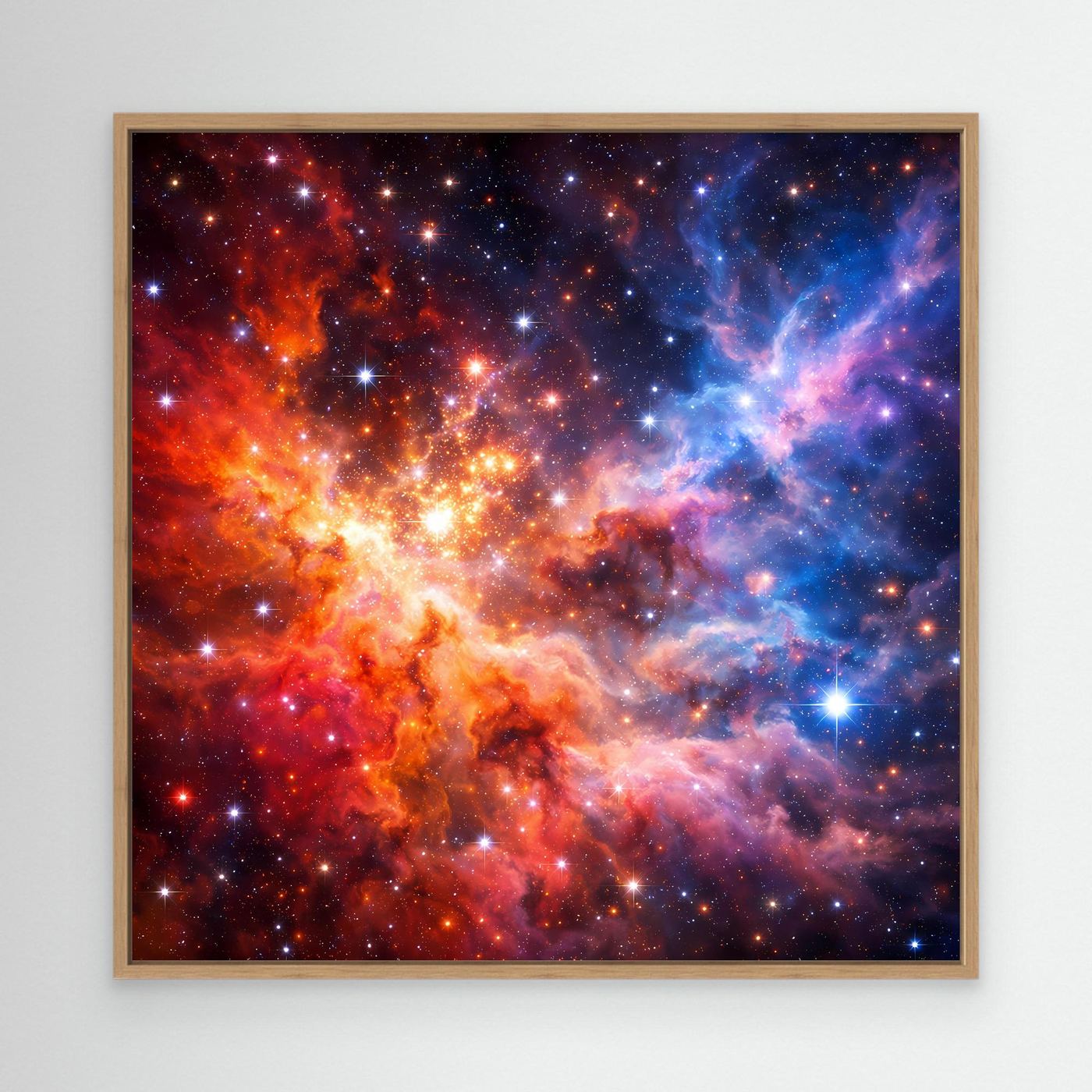 Leinwandbild mit buntem kosmischem Nebel und Sternen, rechteckig, Eichenrahmen