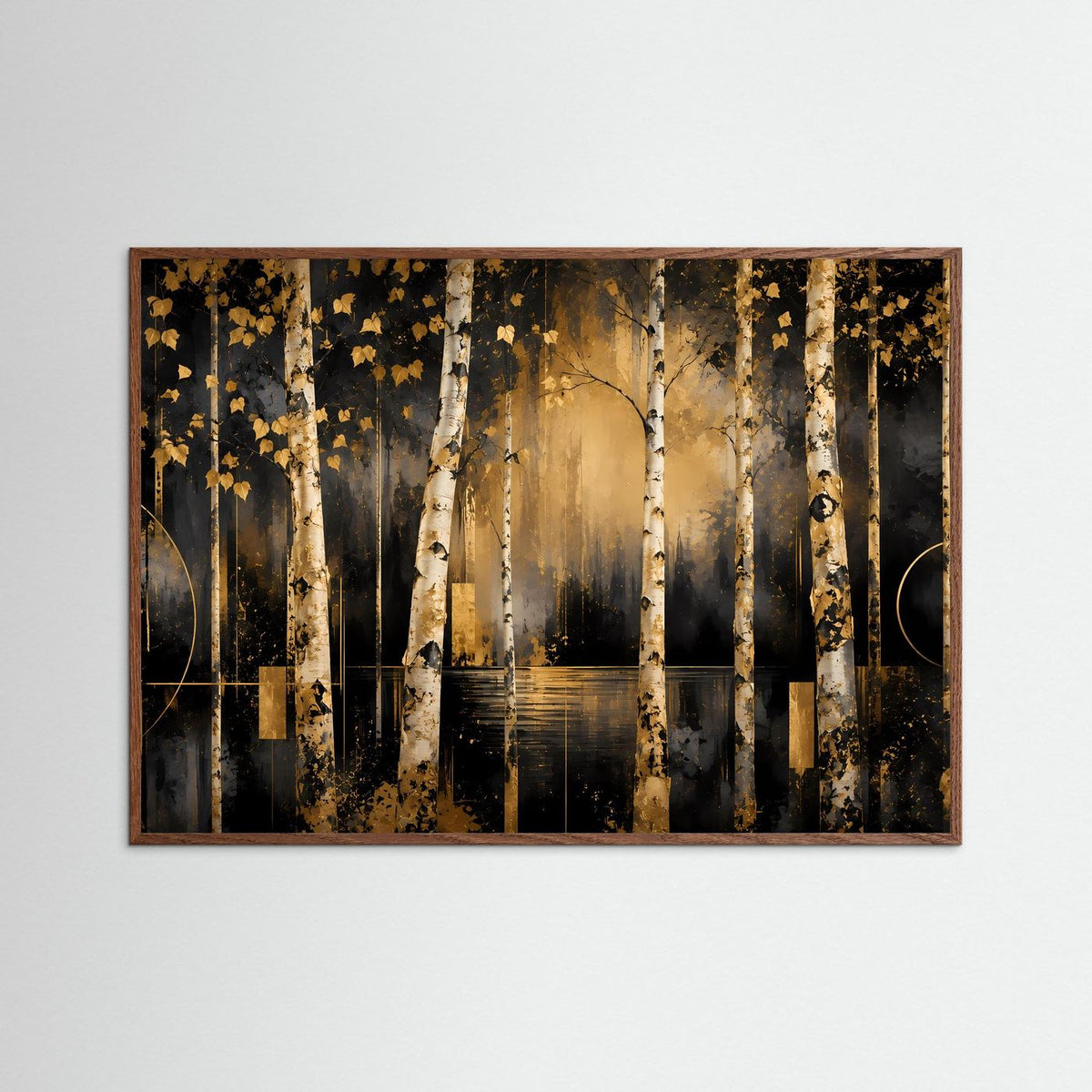 Poster im Querformat mit Birkenwald und goldenen Blättern, dunkler Lichtweg, brauner Rahmen.