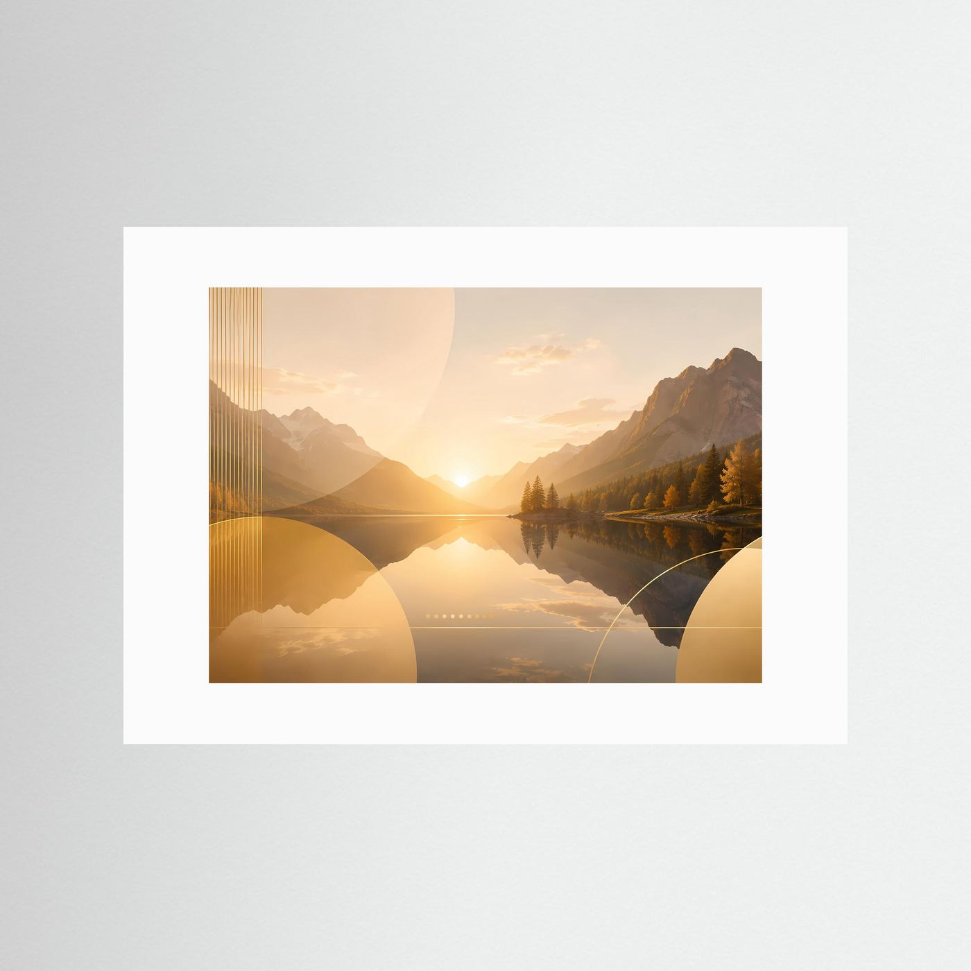 Bergsee Poster Querformat | Goldene Berglandschaft bei Sonnenuntergang | Elegantes Natur Wandbild mit See, Bergen & Herbstwald