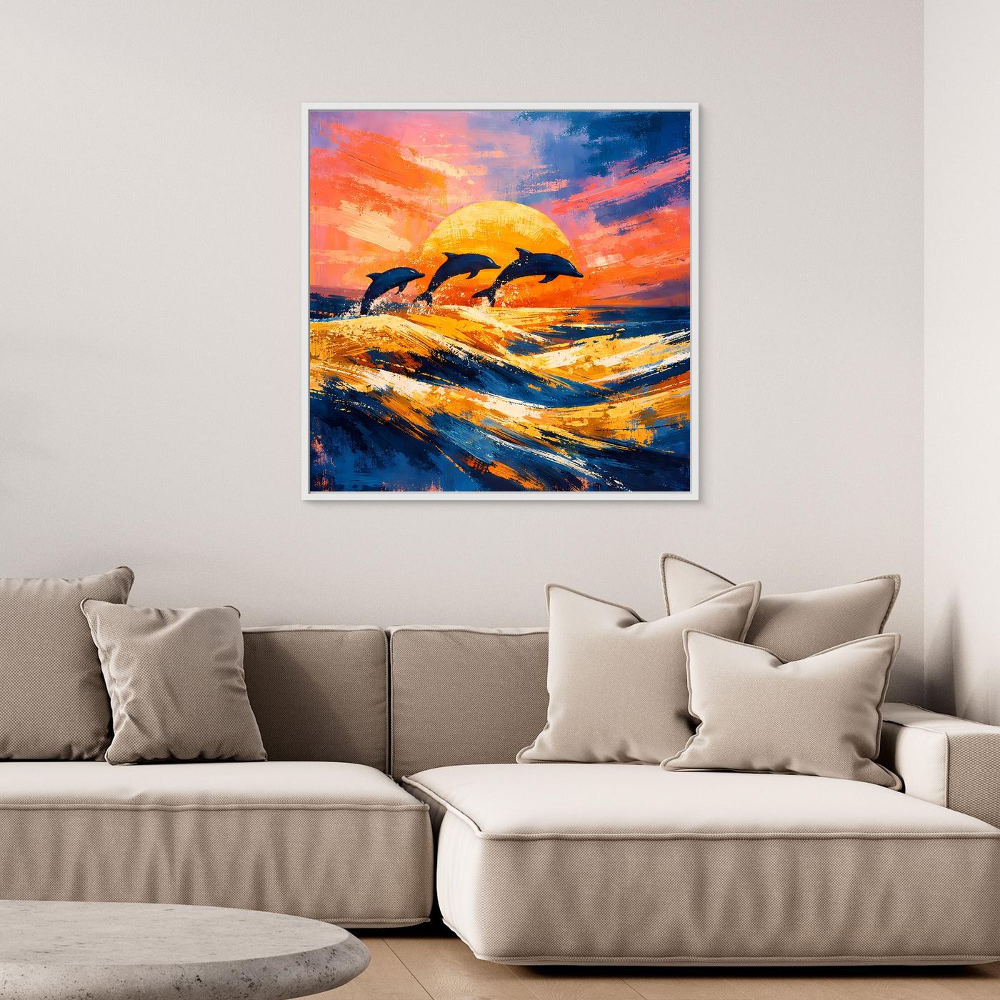 Leinwand Springende Delphine im Sonnenuntergang | Abstraktes Ozean & Meer Wandbild