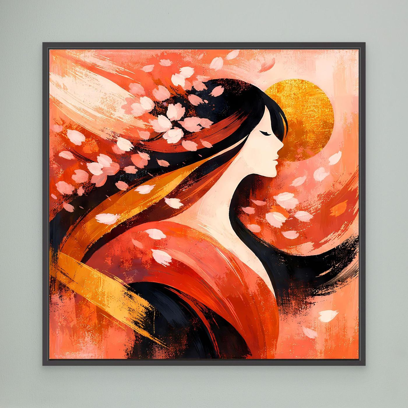 Gerahmtes Leinwandbild: Geisha im Profil mit Kirschblüten und goldenem Mond, schwarz