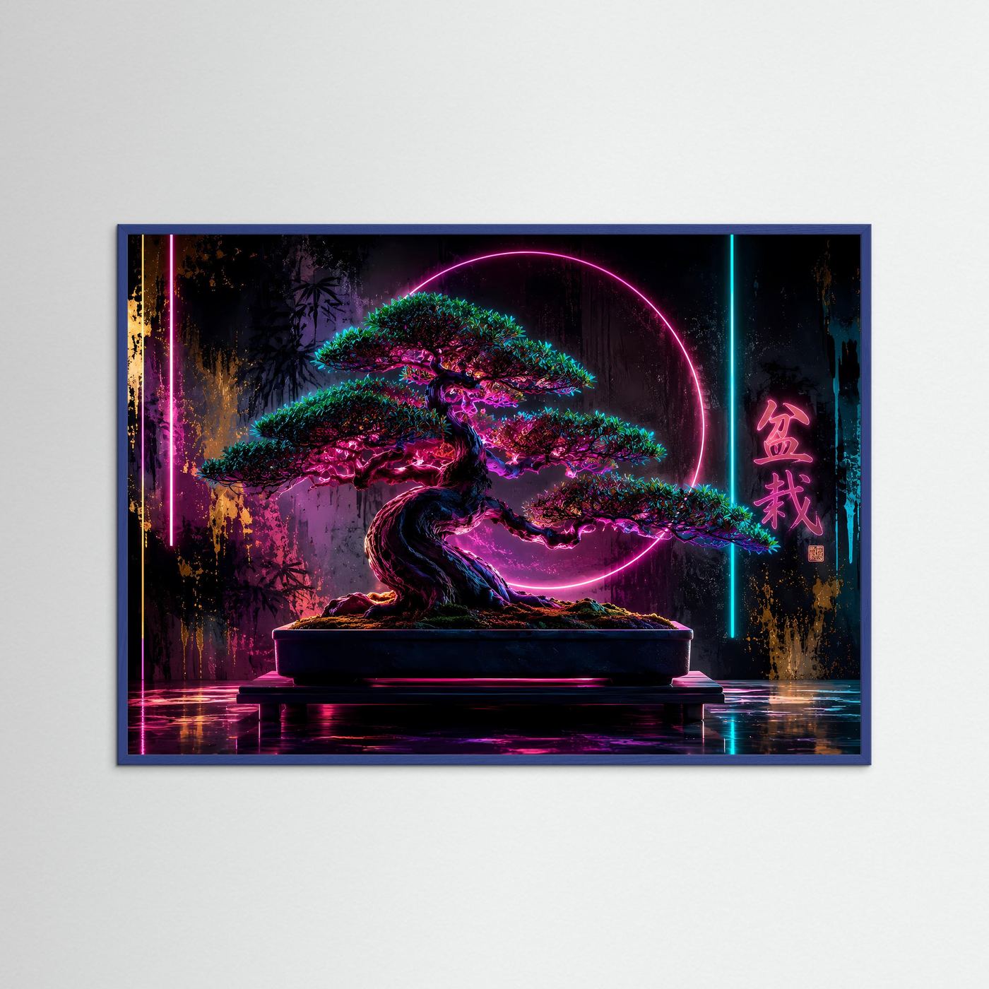 Neon Bonsai Poster | Japanische Zen Kunst | Cyber Bonsai Baum | Futuristische Wandkunst | Fine Art Print