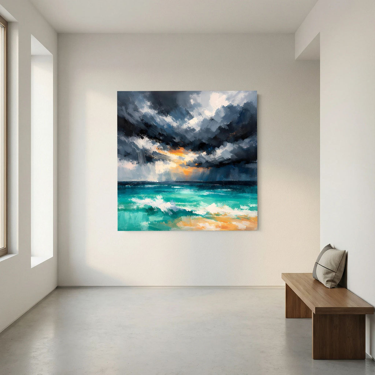 Abstraktes Wandbild mit dunklen Wolken, türkisgrüner See und orangefarbenen Lichtlinien