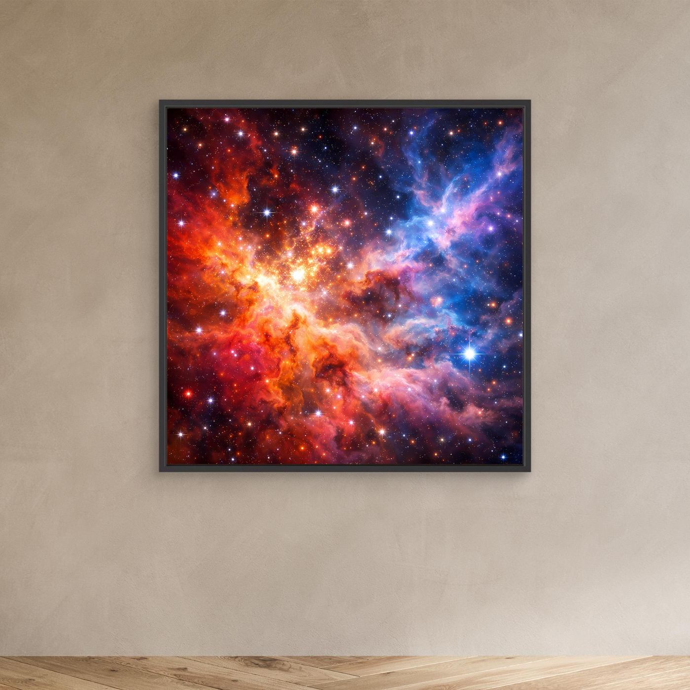 Leinwandbild mit buntem kosmischem Nebel und Sternen, kleiner rechteckiger Druck, schwarzer Rahmen